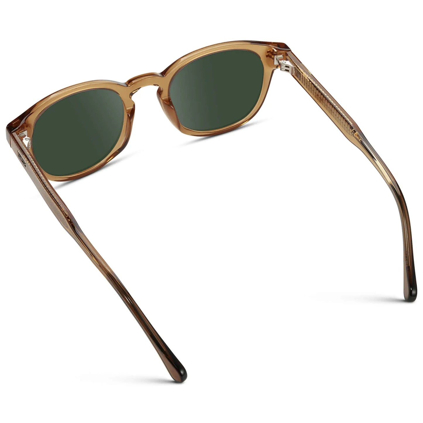 Crystal Brown / G15 || Back view of Men's Retro-Inspired Round Prescription Sunglasses with Crystal Brown Acetate Frame and Green Prescription Lenses
