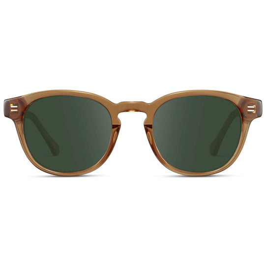 Crystal Brown / G15 Lens || Men's Retro-Inspired Round Prescription Sunglasses with Light Brown Acetate Frame and Green Prescription Lenses