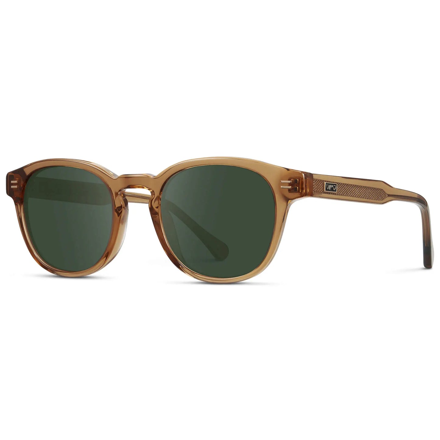 Crystal Brown / G15 || Side view of Men's Retro-Inspired Round Prescription Sunglasses with Crystal Brown Acetate Frame and Green Prescription Lenses