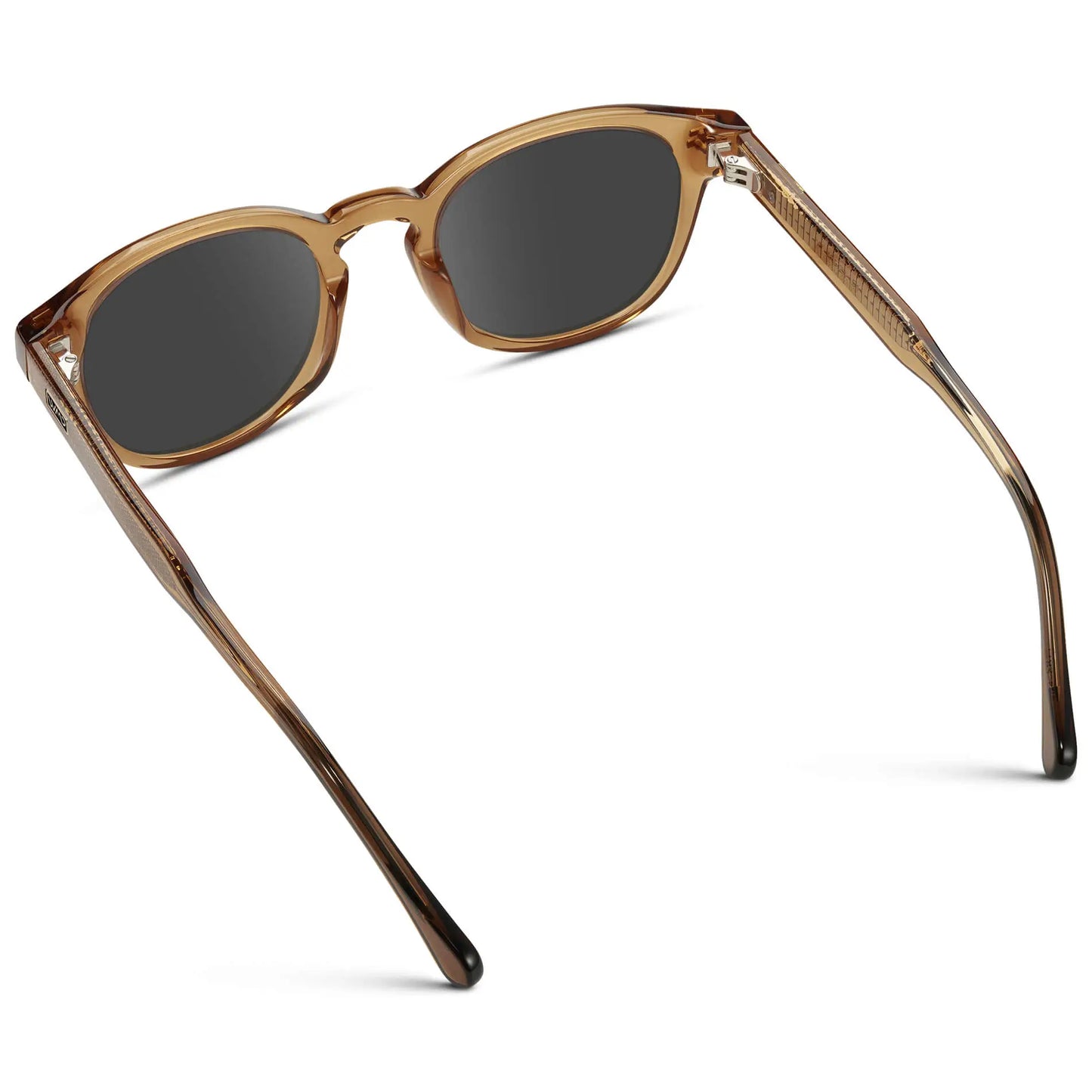 Crystal Brown / Grey || Back view of Men's Retro-Inspired Round Prescription Sunglasses with Crystal Brown Acetate Frame and Grey Prescription Lenses