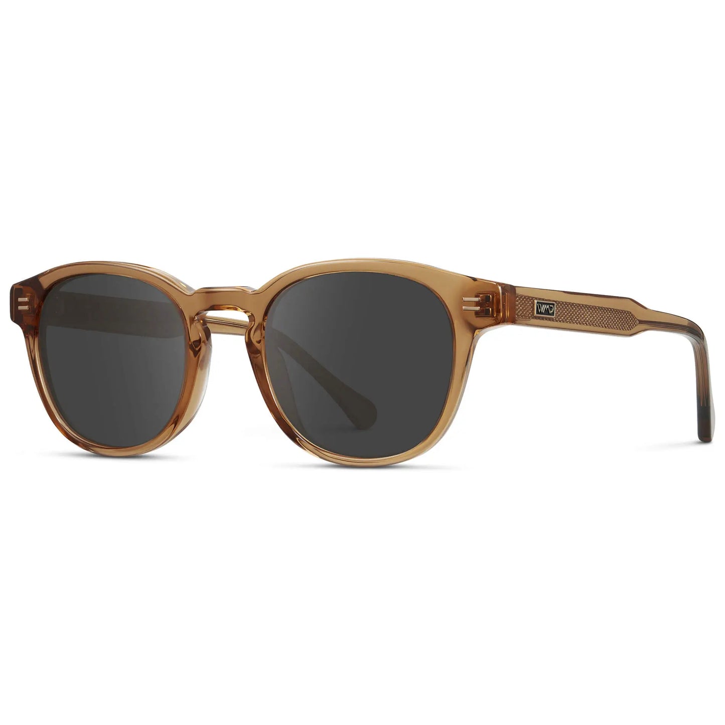 Crystal Brown / Grey || Side view of Men's Retro-Inspired Round Prescription Sunglasses with Crystal Brown Acetate Frame and Grey Prescription Lenses