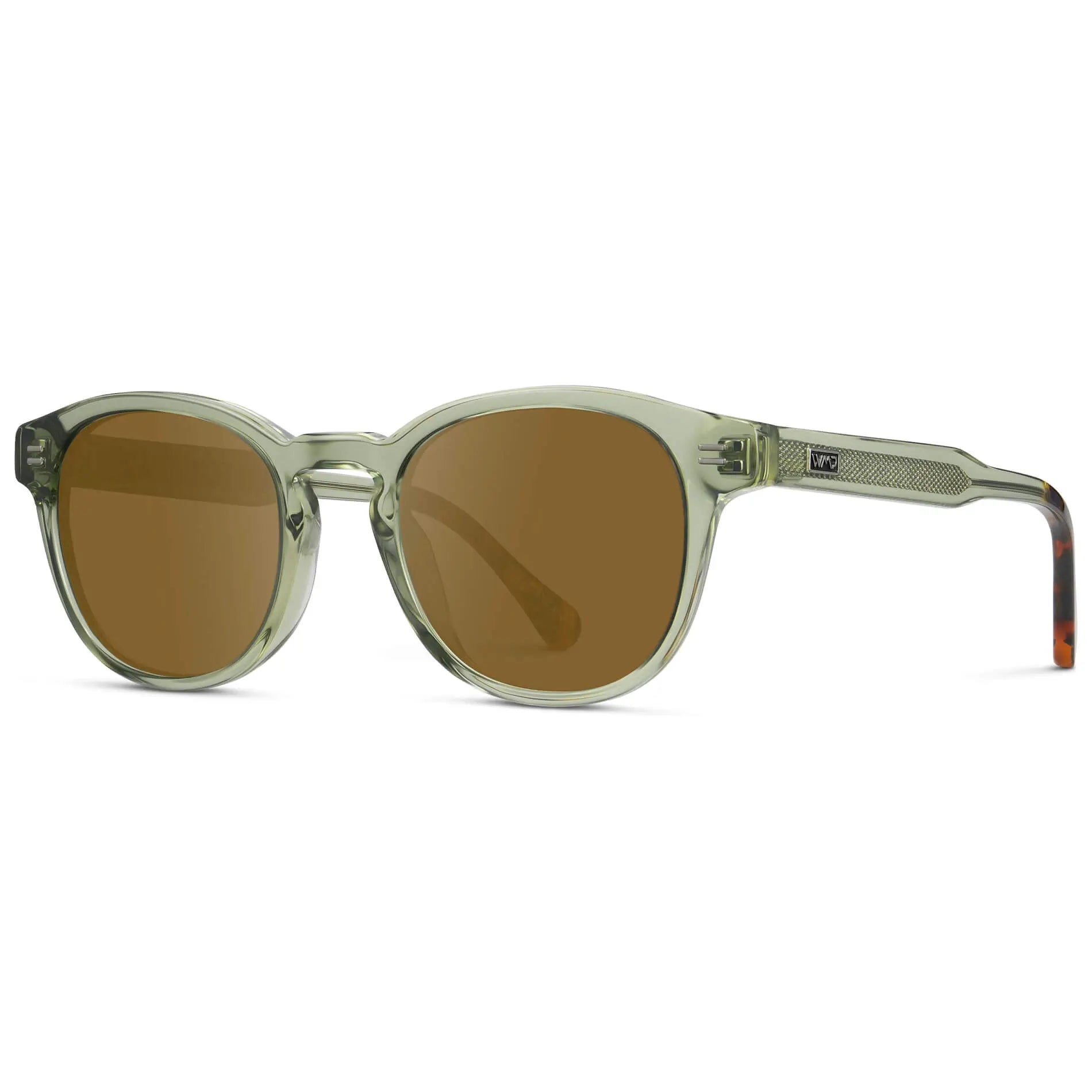 Palm Green / Amber || Side view of Men's Retro-Inspired Round Prescription Sunglasses with Palm Green Acetate Frame and Brown Prescription Lenses