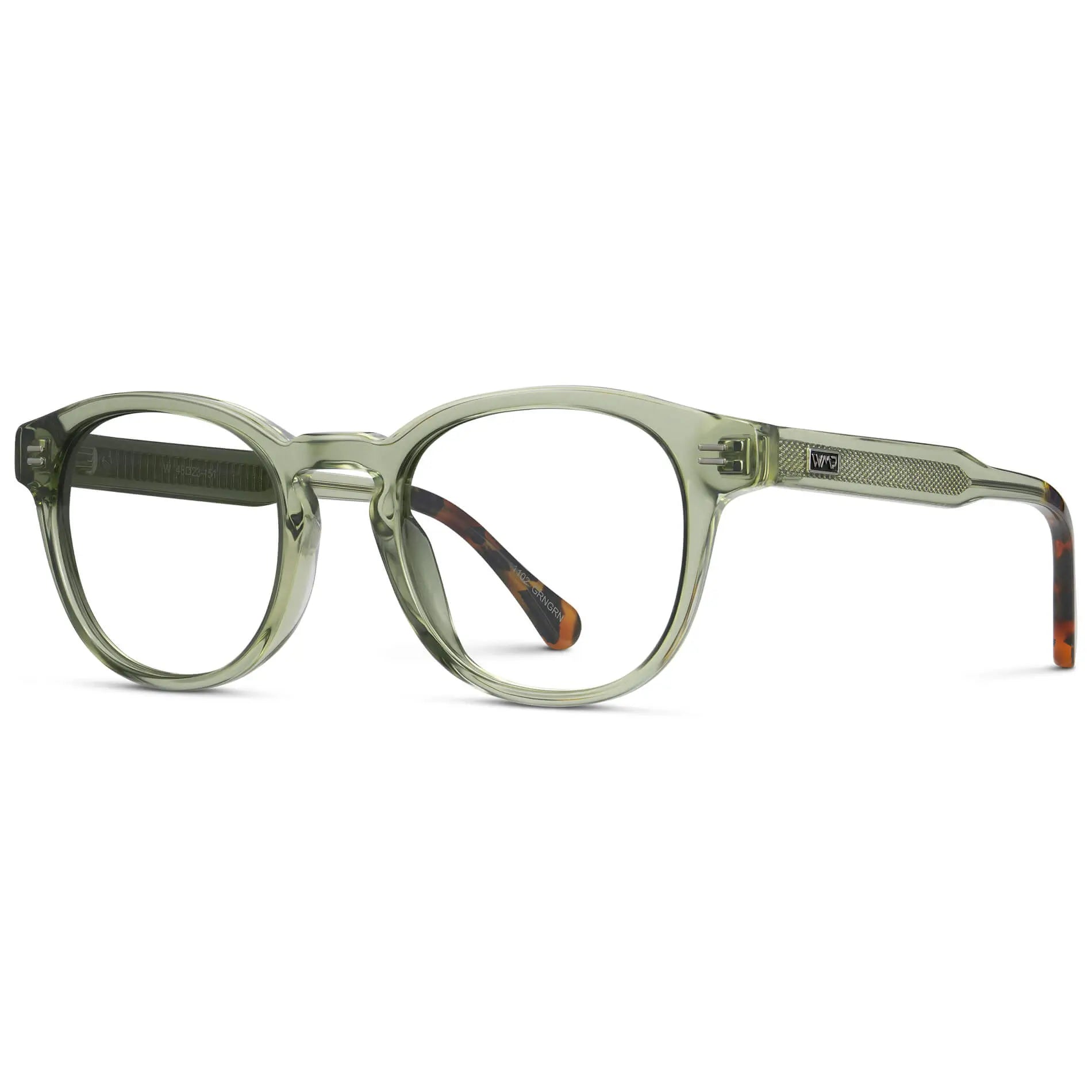 Palm Green || Side view of Men's Retro-Inspired Round Prescription Eyeglasses with Palm Green Acetate Frame and Clear Lenses on a white background