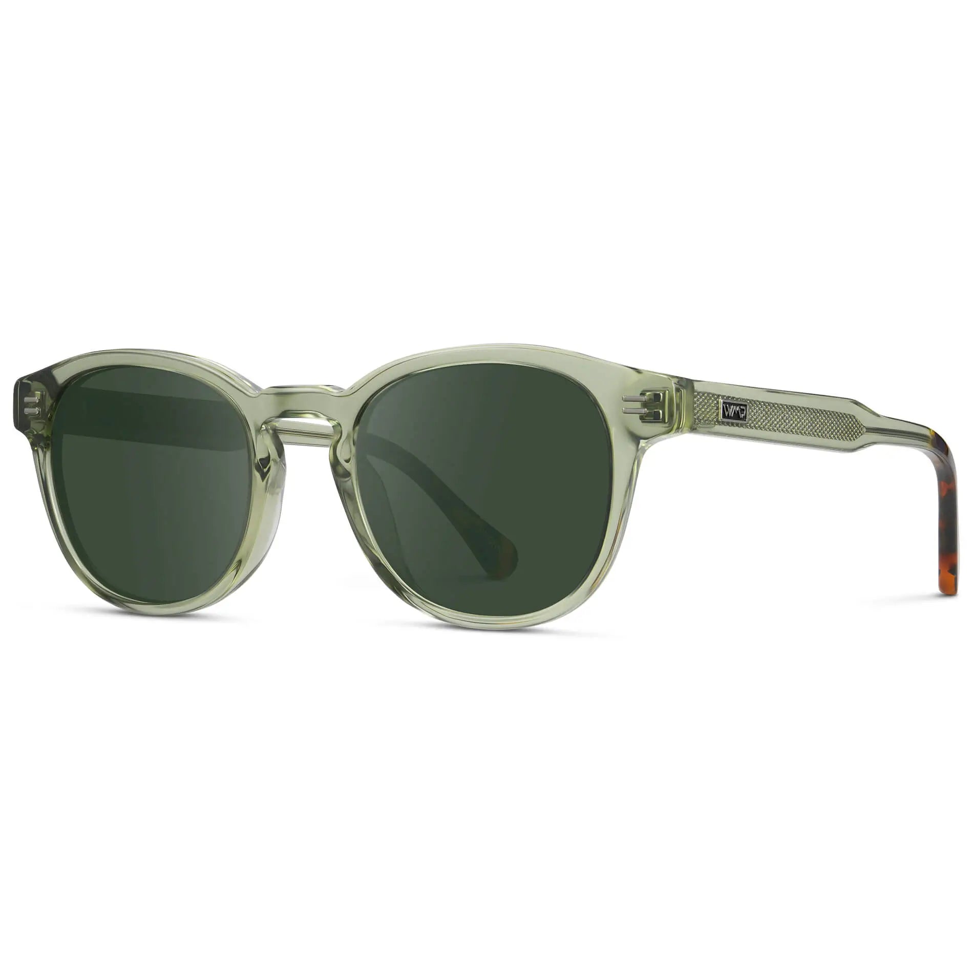 Palm Green / G15 || Side view of Men's Retro-Inspired Round Prescription Sunglasses with Palm Green Acetate Frame and Green Prescription Lenses