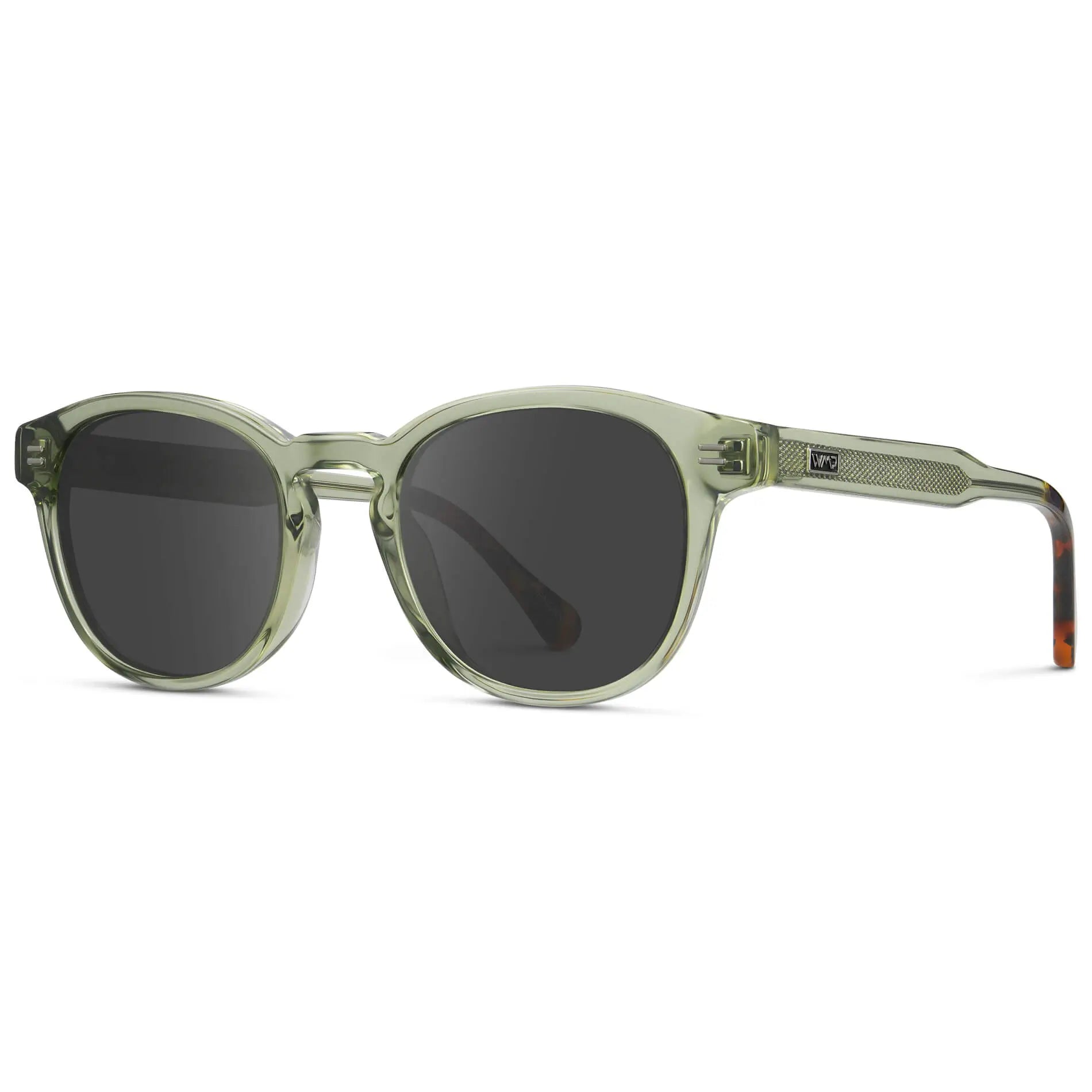 Palm Green / Grey || Side view of Men's Retro-Inspired Round Prescription Sunglasses with Palm Green Acetate Frame and Grey Prescription Lenses