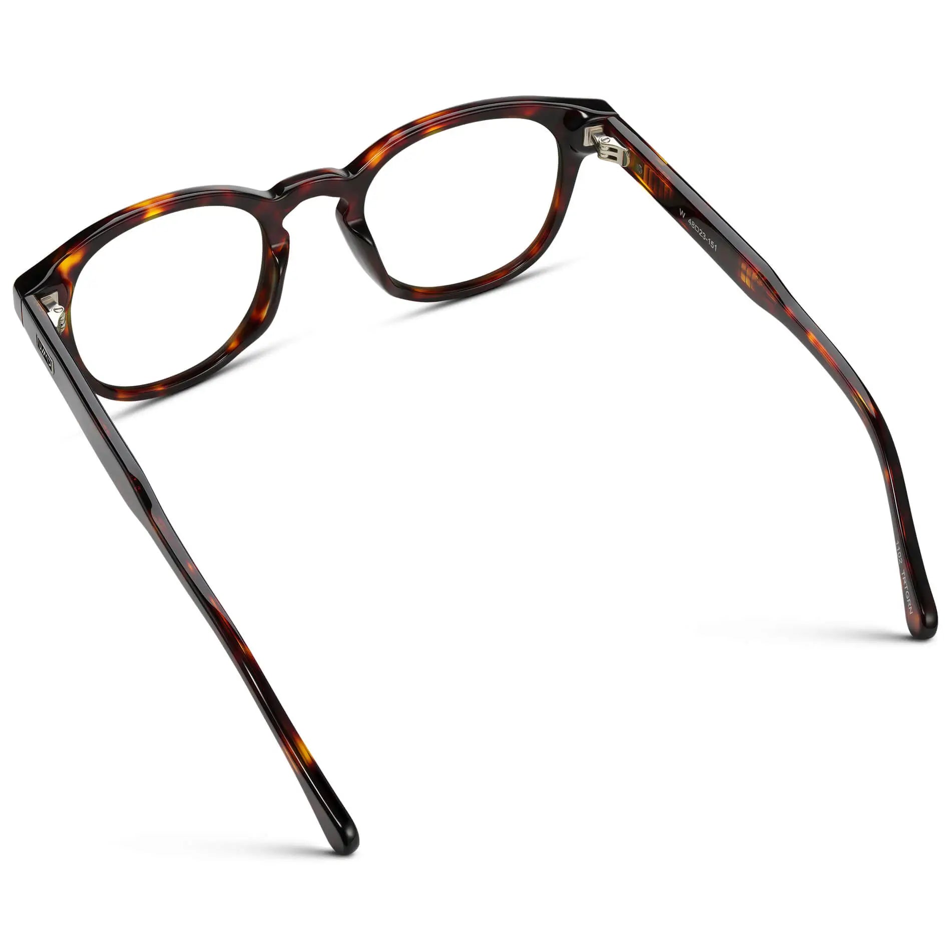 Amber Tortoise || Back view of Men's Retro-Inspired Round Prescription Eyeglasses with Amber Tortoise Acetate Frame and Clear Lenses on a white background