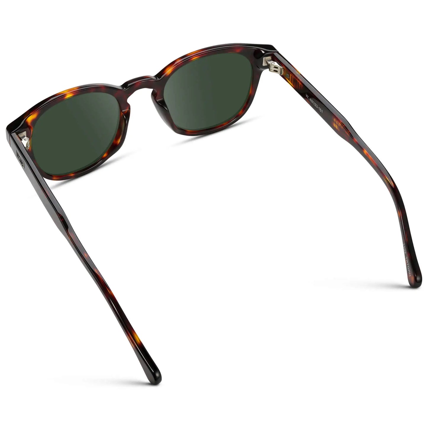 Amber Tortoise / G15 || Back view of Men's Retro-Inspired Round Prescription Sunglasses with Brown Tortoise Acetate Frame and Green Prescription Lenses