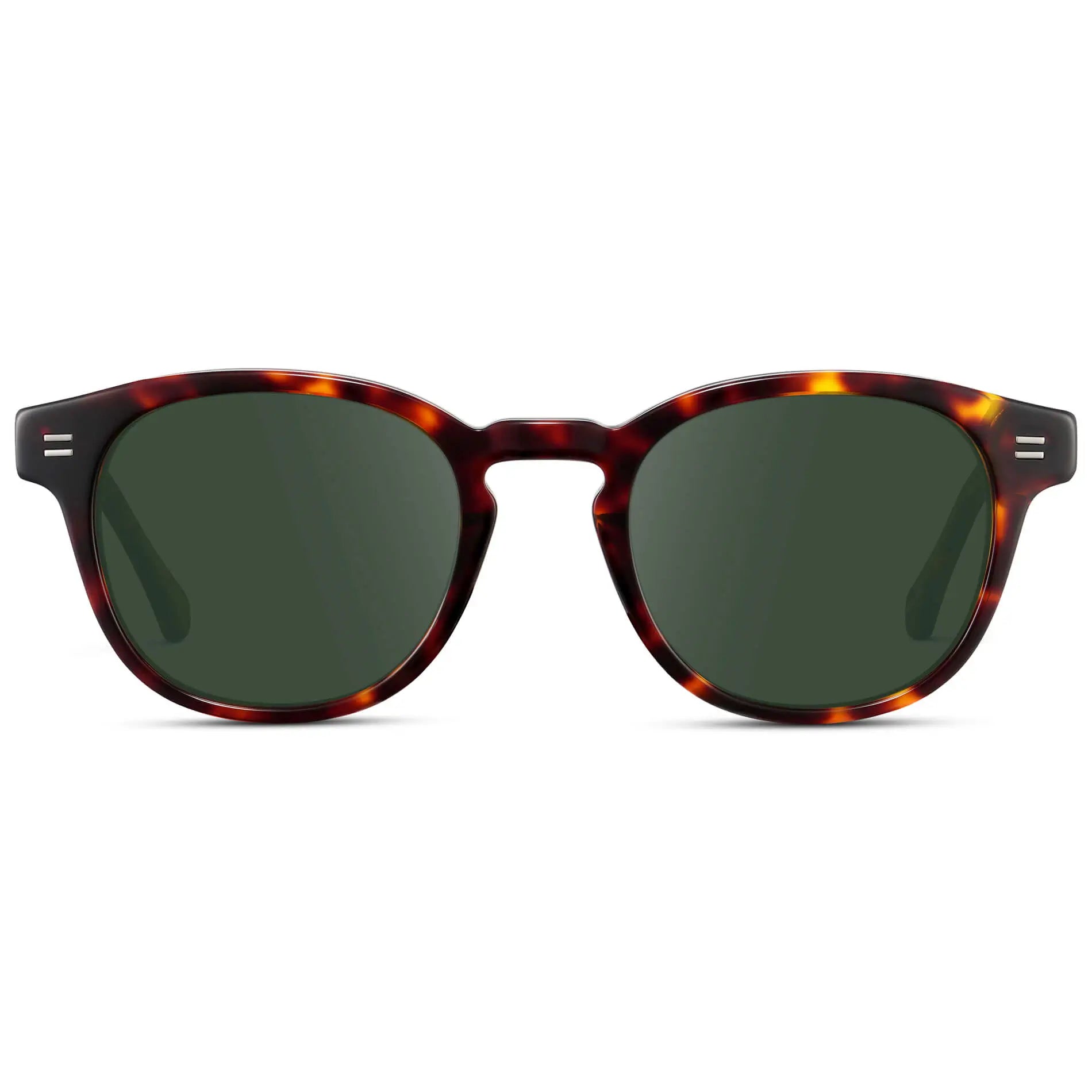 Amber Tortoise / G15 || Front view of Men's Retro-Inspired Round Prescription Sunglasses with Brown Tortoise Acetate Frame and Green Prescription Lenses