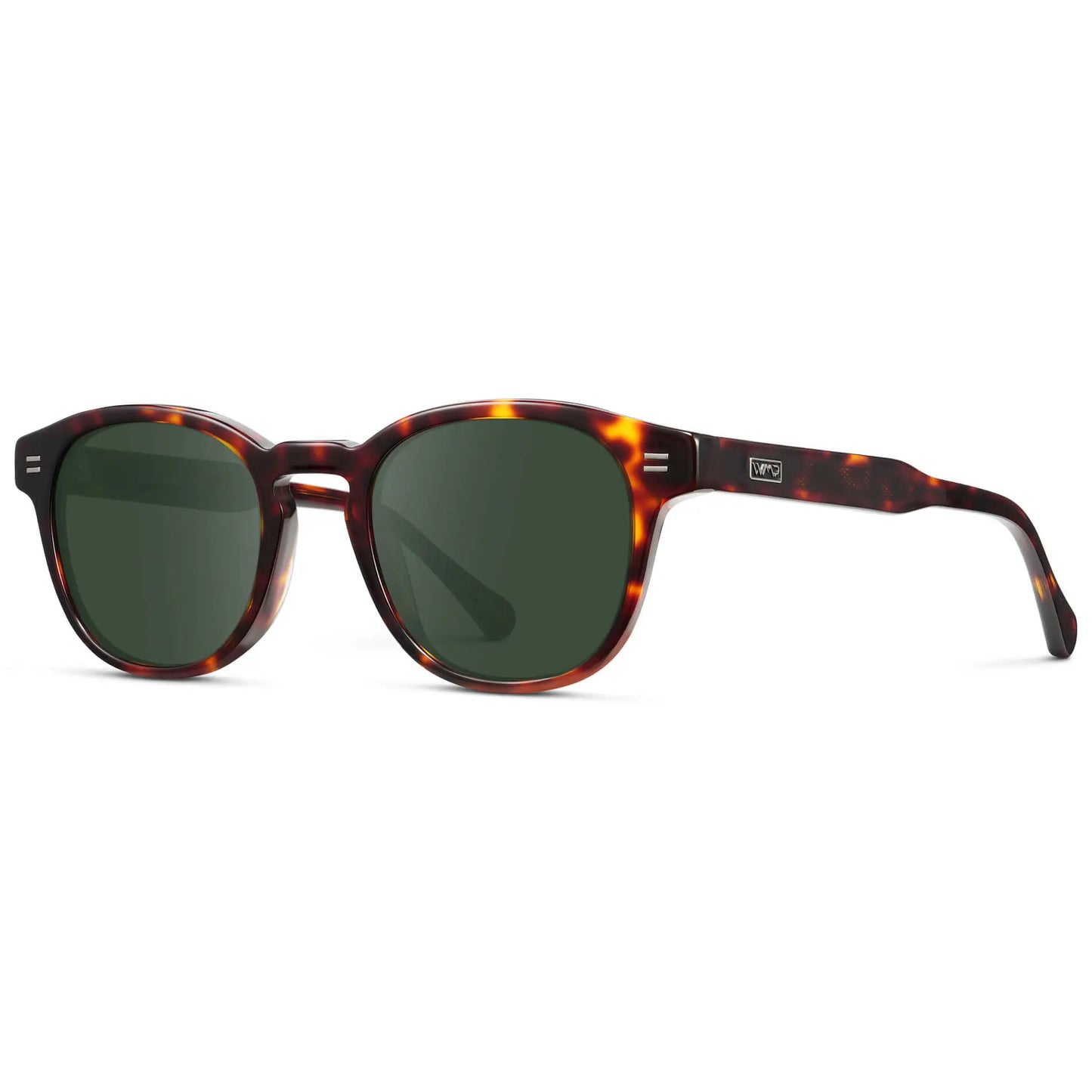 Amber Tortoise / G15 || Side view of Men's Retro-Inspired Round Prescription Sunglasses with Brown Tortoise Acetate Frame and Green Prescription Lenses