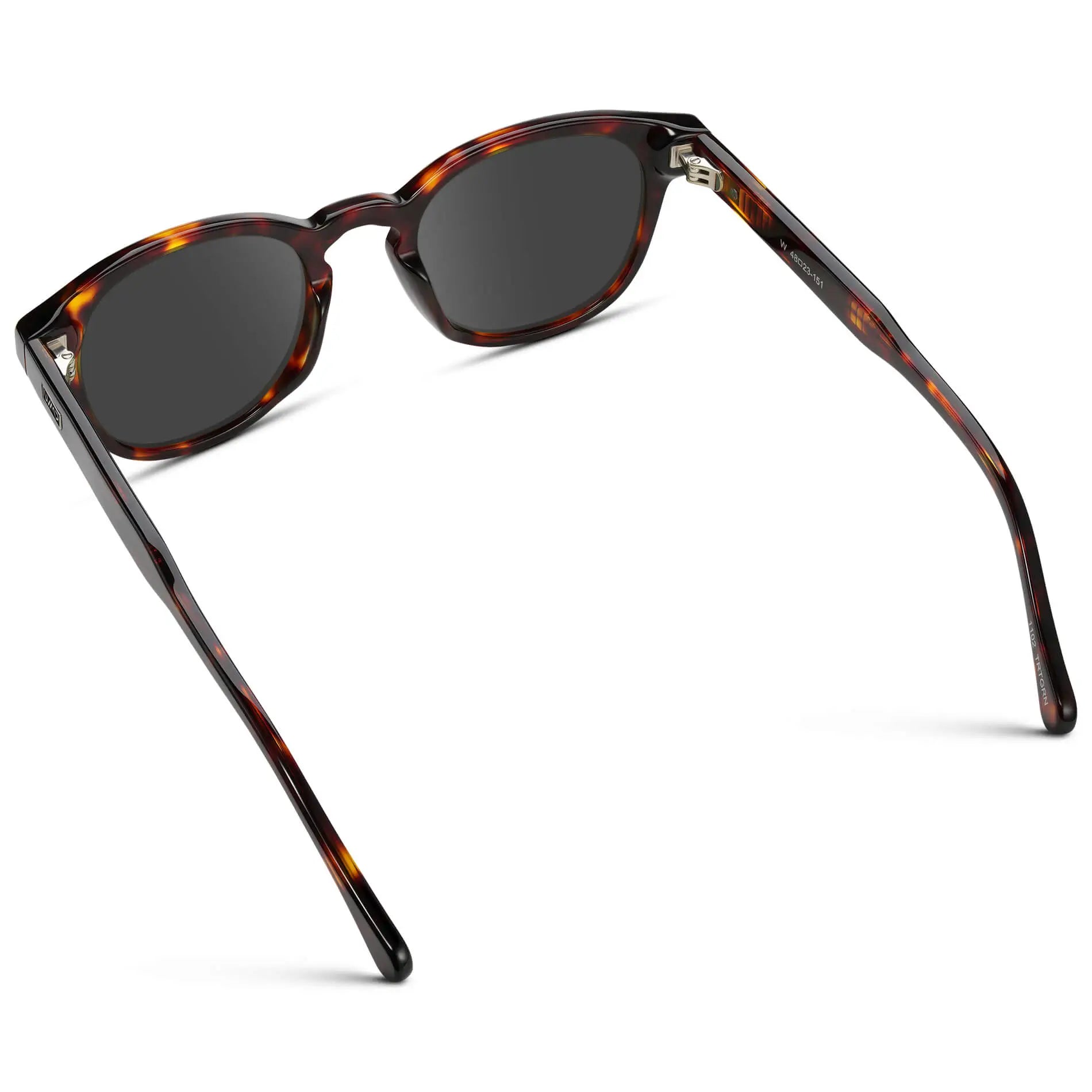 Amber Tortoise / Grey || Back view of Men's Retro-Inspired Round Prescription Sunglasses with Brown Tortoise Acetate Frame and Grey Prescription Lenses