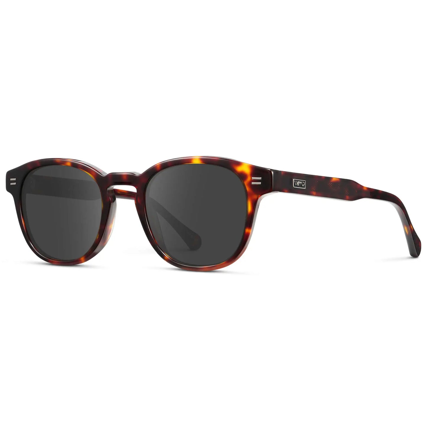 Amber Tortoise / Grey || Side view of Men's Retro-Inspired Round Prescription Sunglasses with Brown Tortoise Acetate Frame and Grey Prescription Lenses