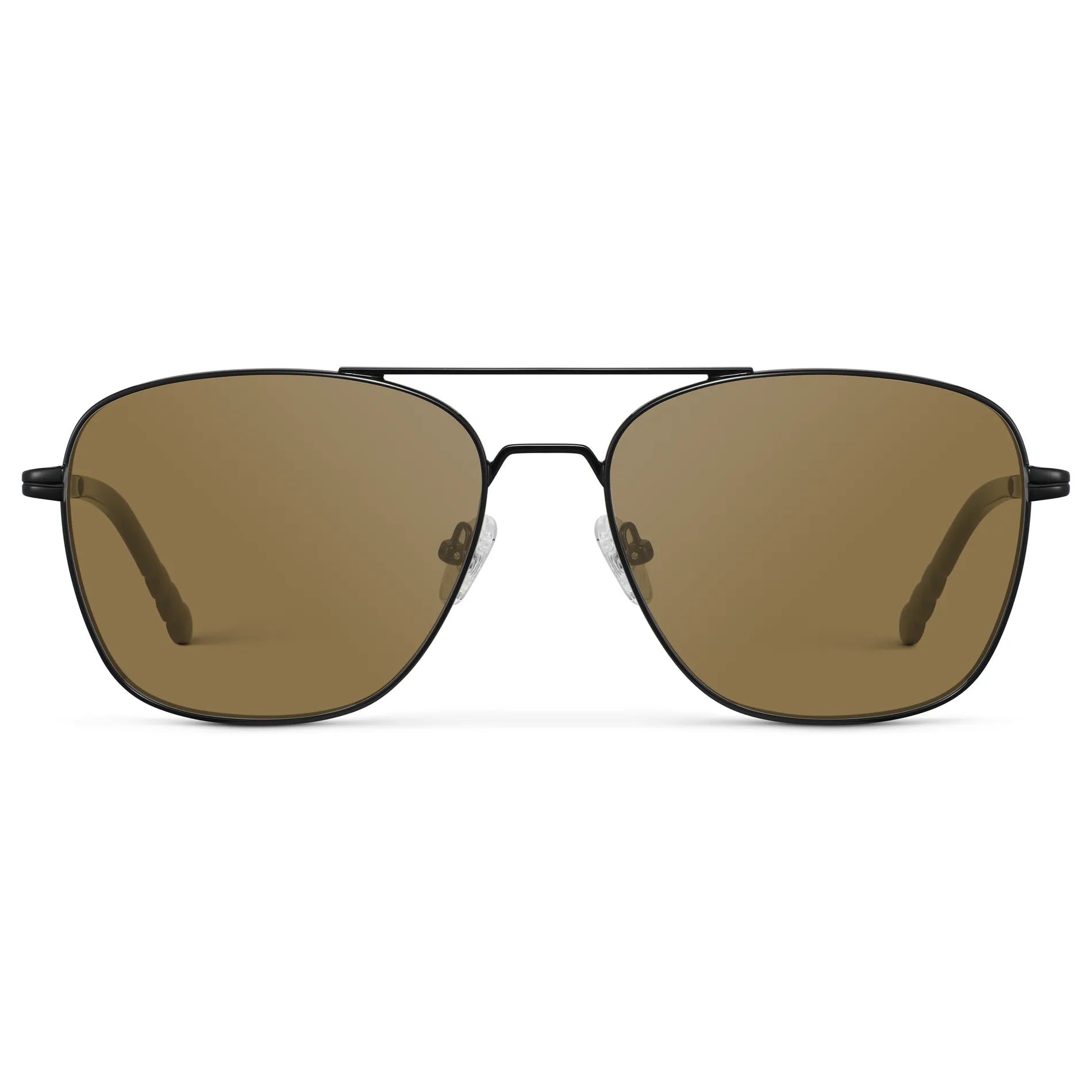 Black / Amber || Men's Stainless Steel Double Bridge Prescription Sunglasses with Black Frame and Brown Lens on a white background