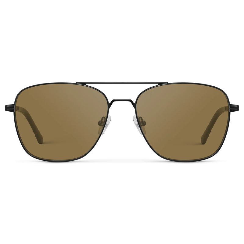 Black / Amber || Men's Stainless Steel Double Bridge Prescription Sunglasses with Black Frame and Brown Lens on a white background