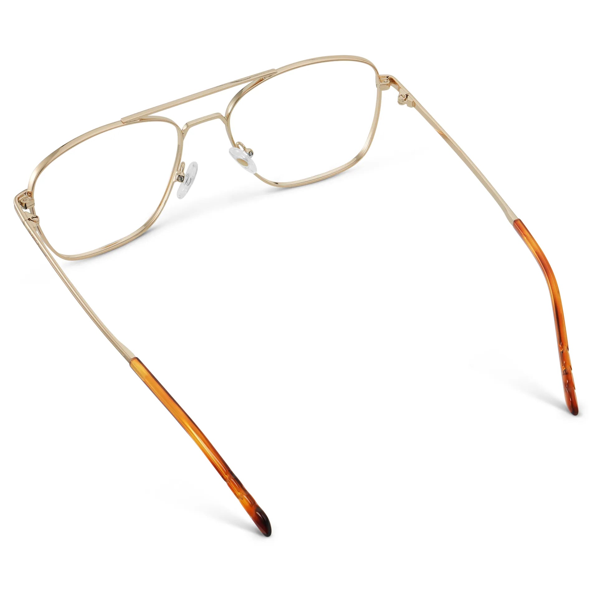 Gold || Back view of Men's Stainless Steel Double Bridge Prescription Glasses with Gold Frame and Clear Lens on a white background