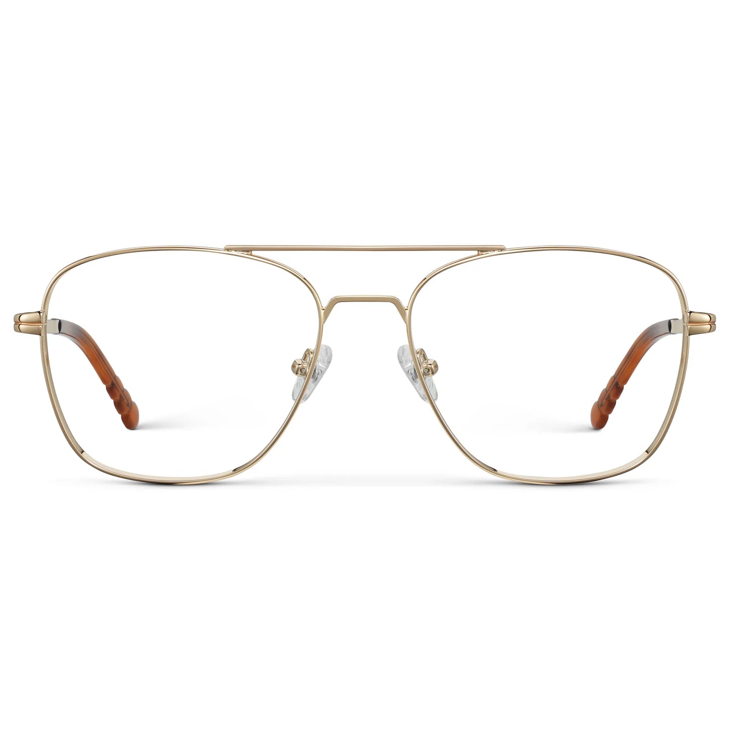 Gold || Men's Stainless Steel Double Bridge Prescription Glasses with Gold Frame and Clear Lens on a white background