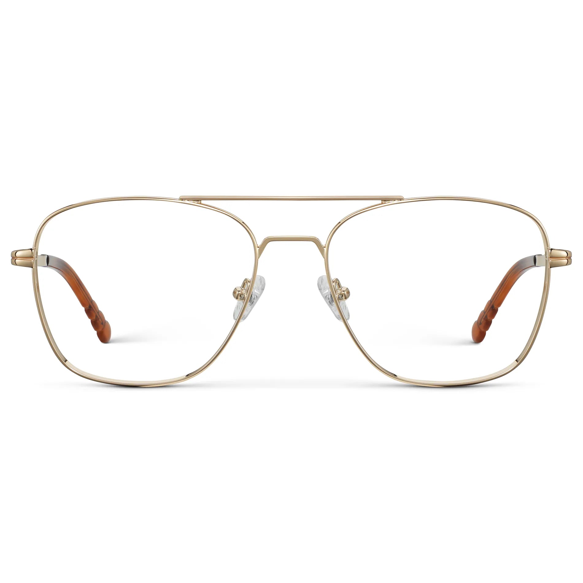 Gold || Men's Stainless Steel Double Bridge Prescription Glasses with Gold Frame and Clear Lens on a white background