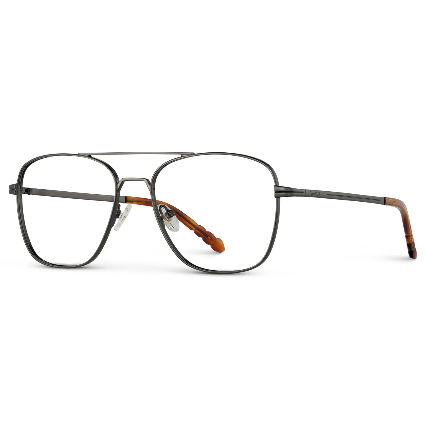 Gunmetal || Side view of Men's Stainless Steel Double Bridge Prescription Glasses with Gunmetal Frame and Clear Lens on a white background