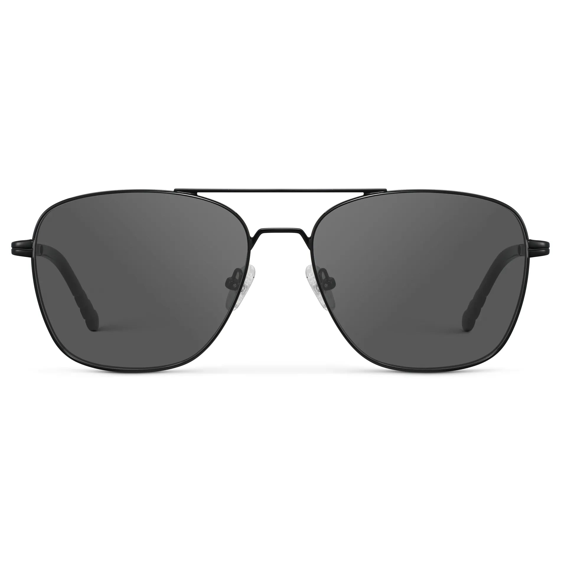 Black / Grey || Men's Stainless Steel Double Bridge Prescription Sunglasses with Black Frame and Grey Lens on a white background