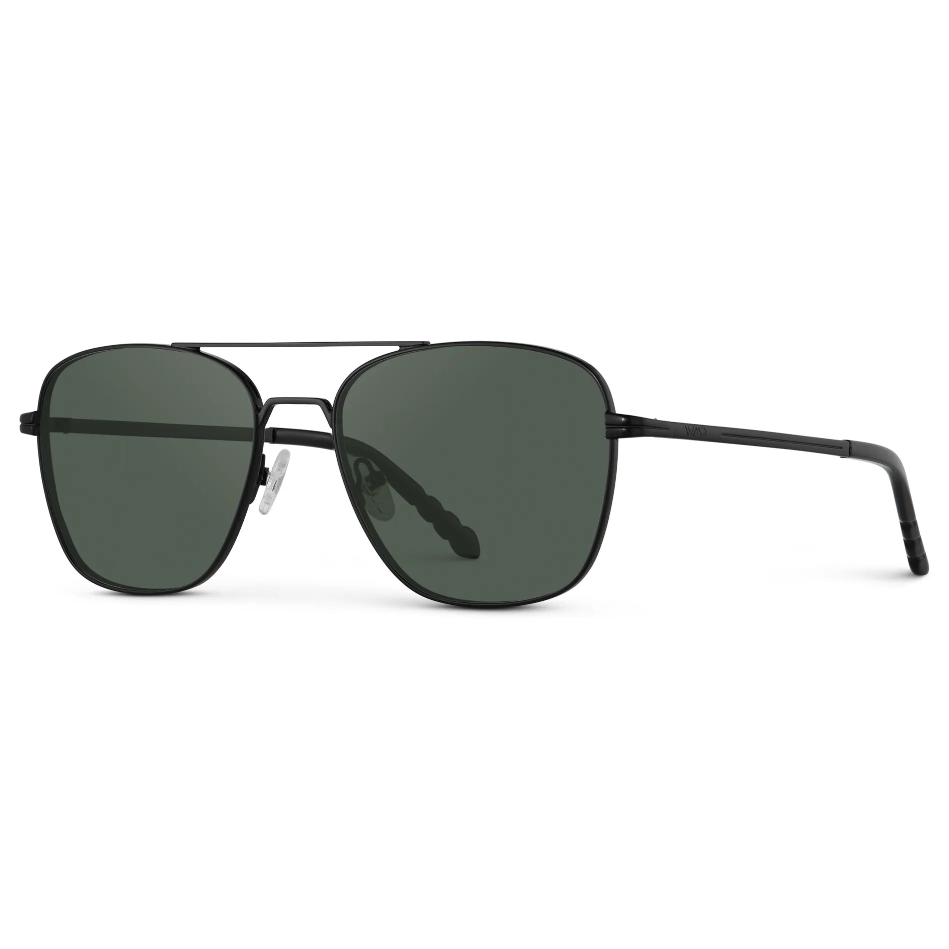 Black / G15 || Side view of Men's Stainless Steel Double Bridge Prescription Sunglasses with Black Frame and Green Lens on a white background