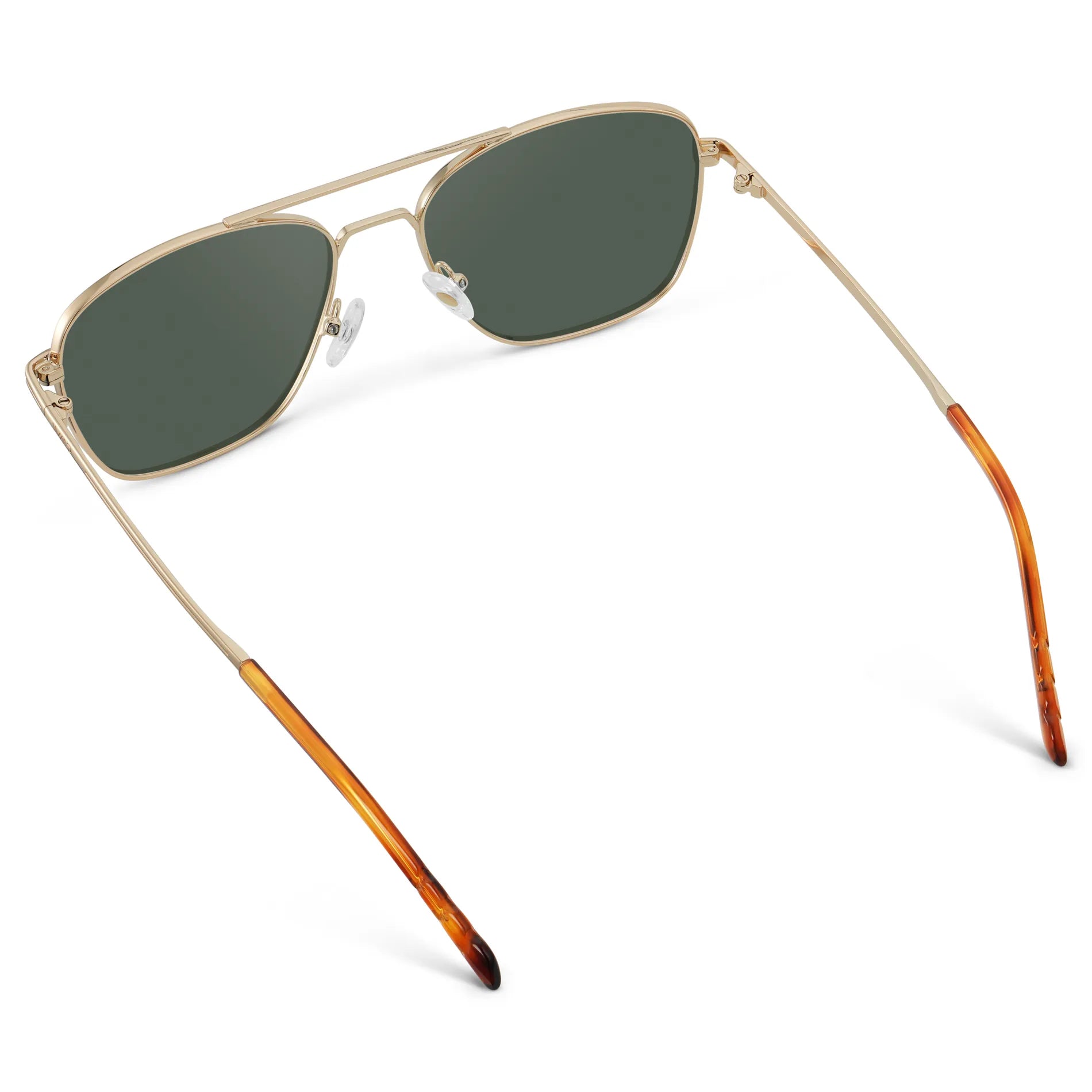 Gold / G15 || Back view of Men's Stainless Steel Double Bridge Prescription Sunglasses with Gold Frame and Green Lens on a white background