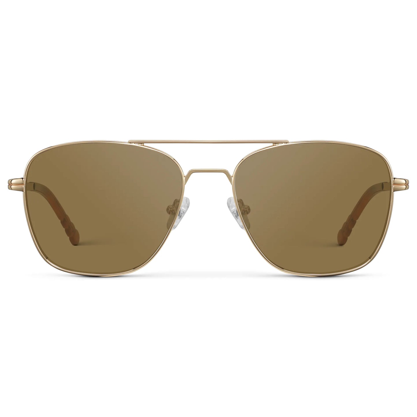 Gold / Amber || Men's Stainless Steel Double Bridge Prescription Sunglasses with Gold Frame and Brown Lens on a white background