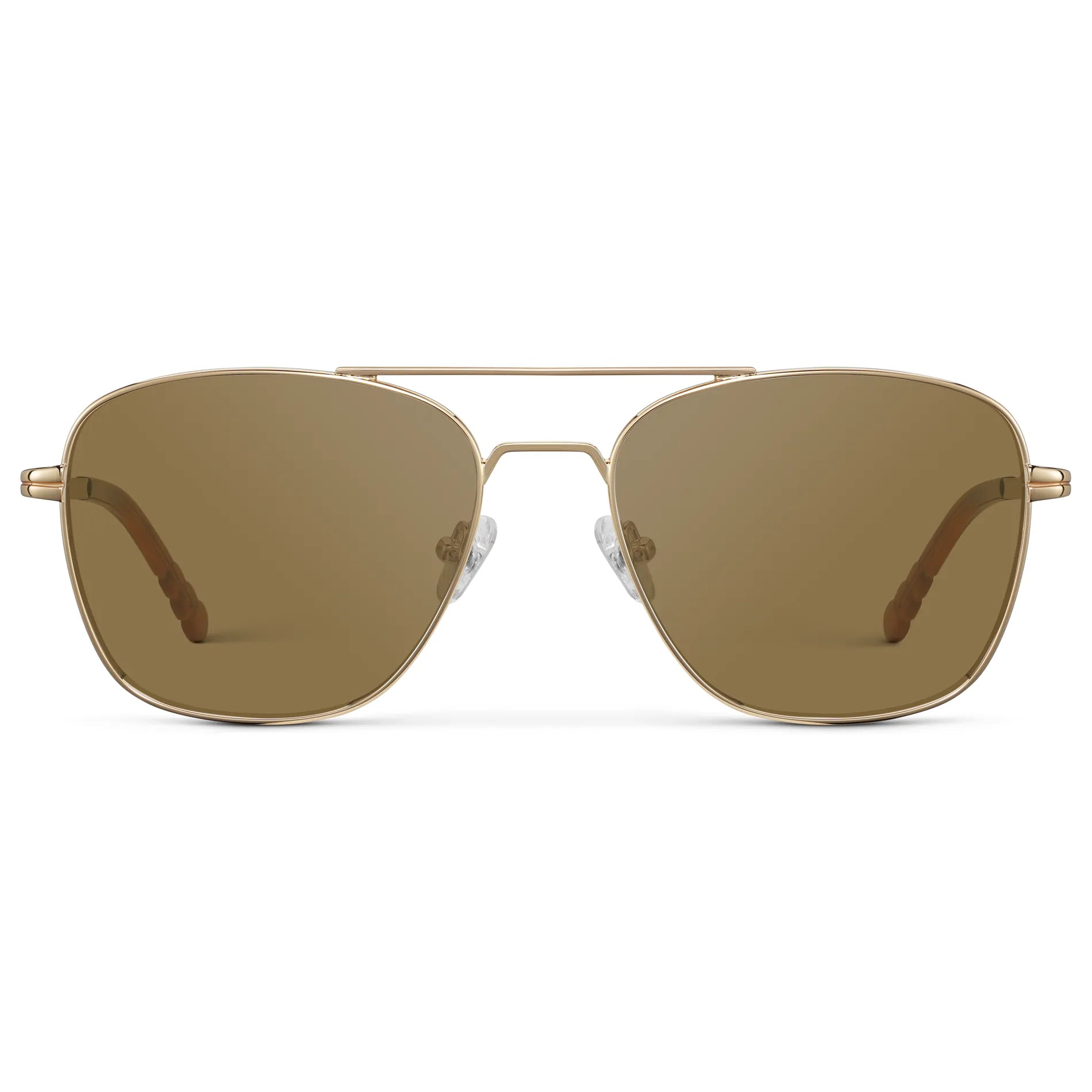 Gold / Amber || Men's Stainless Steel Double Bridge Prescription Sunglasses with Gold Frame and Brown Lens on a white background