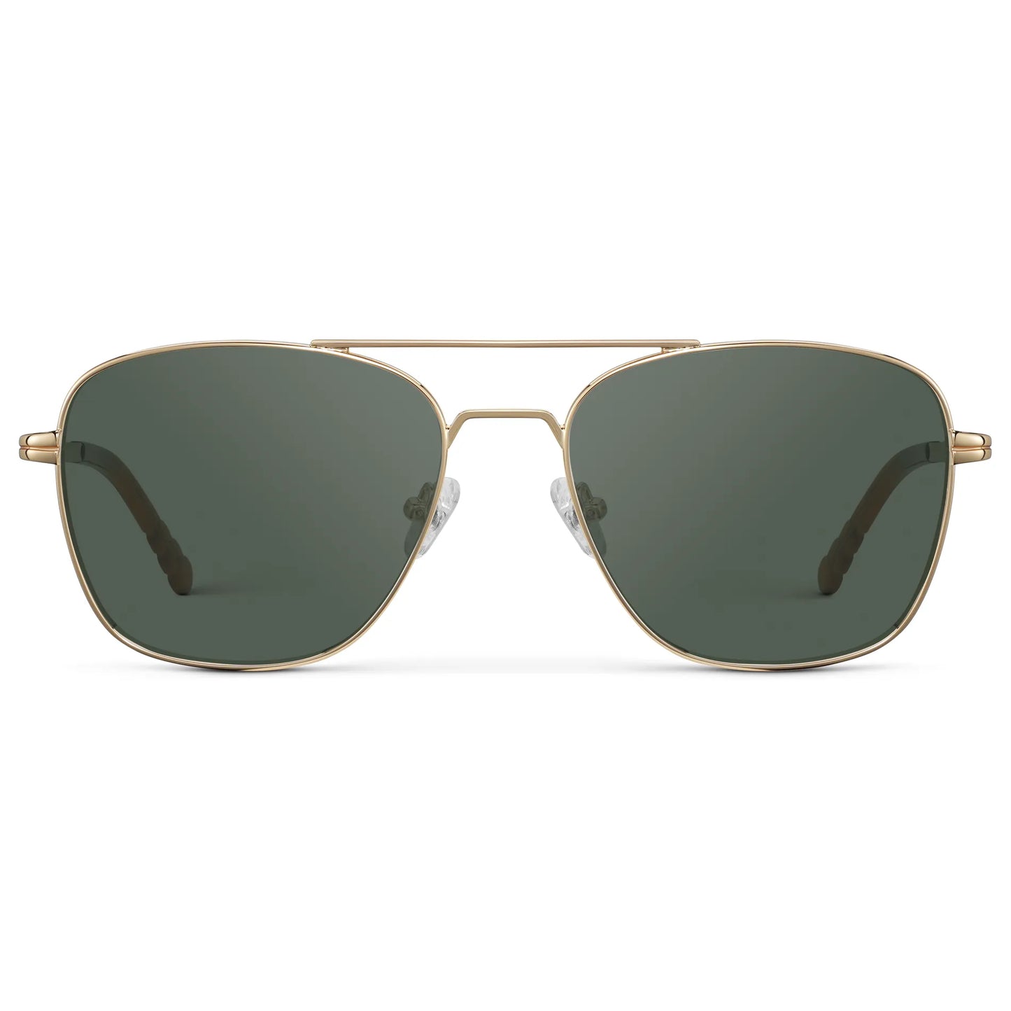 Gold / G15 || Men's Stainless Steel Double Bridge Prescription Sunglasses with Gold Frame and Green Lens on a white background