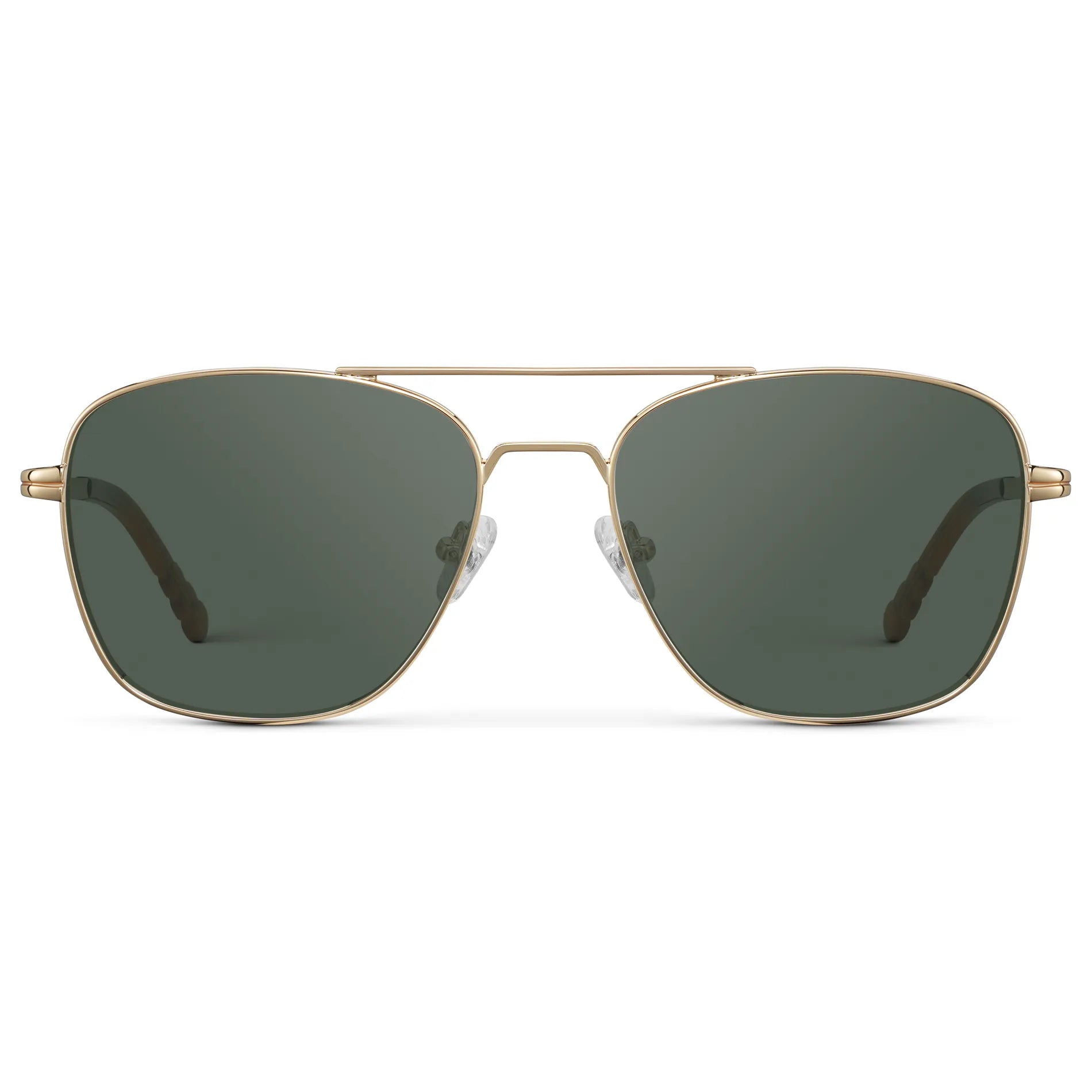Gold / G15 || Men's Stainless Steel Double Bridge Prescription Sunglasses with Gold Frame and Green Lens on a white background