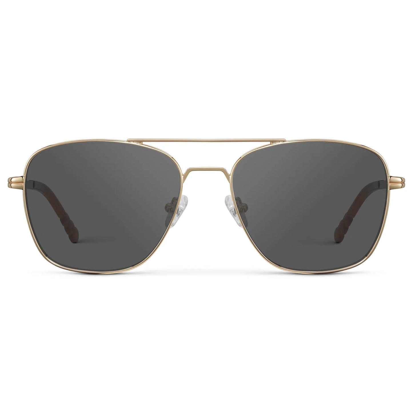 Gold / Grey || Men's Stainless Steel Double Bridge Prescription Sunglasses with Gold Frame and Grey Lens on a white background