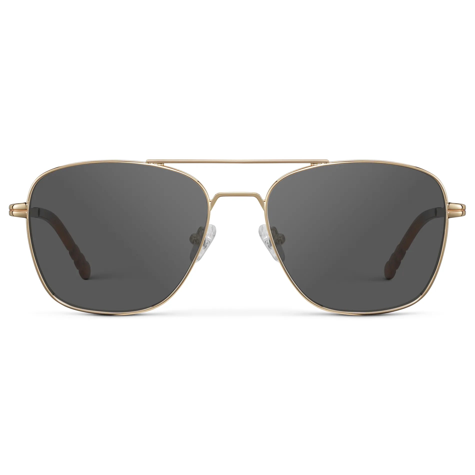 Gold / Grey || Men's Stainless Steel Double Bridge Prescription Sunglasses with Gold Frame and Grey Lens on a white background