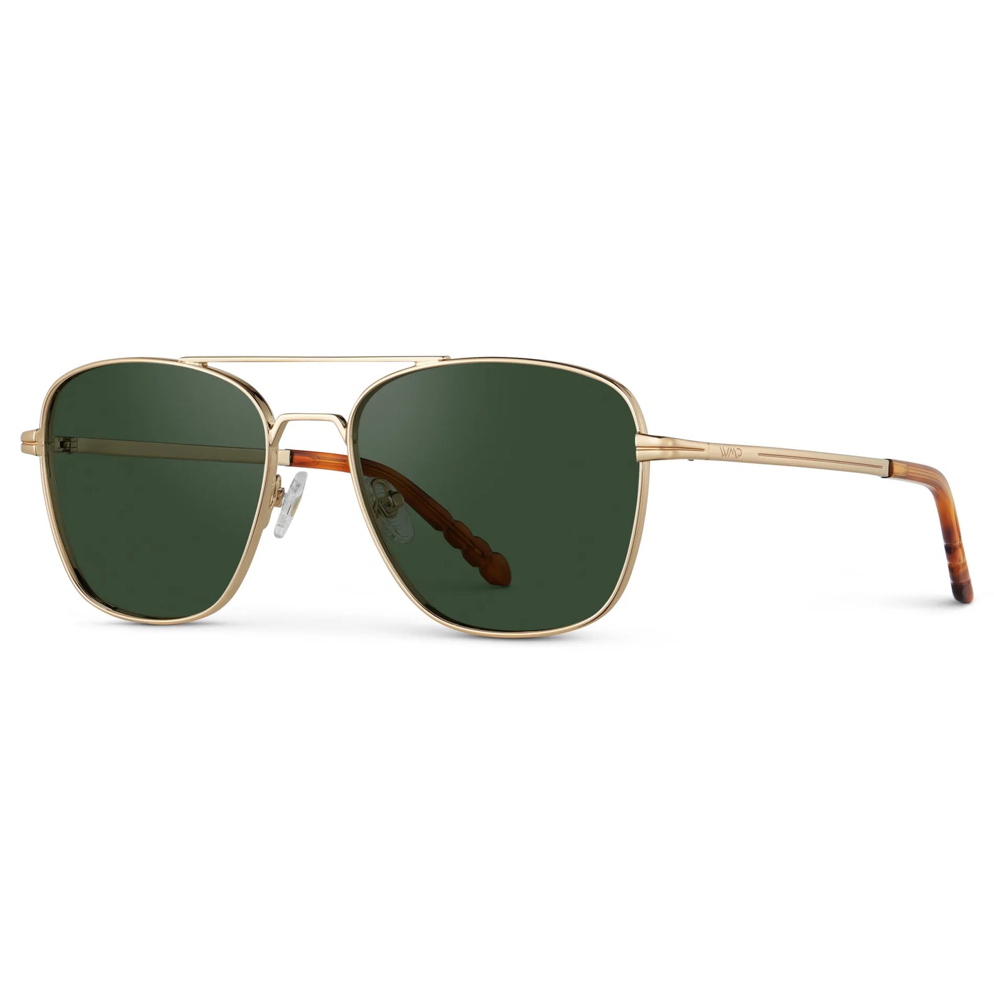 Gold / Smoke Green Lens || Side view of Men's Stainless Steel Sunglasses with Gold Frame and Smoke Green Lens on a white background