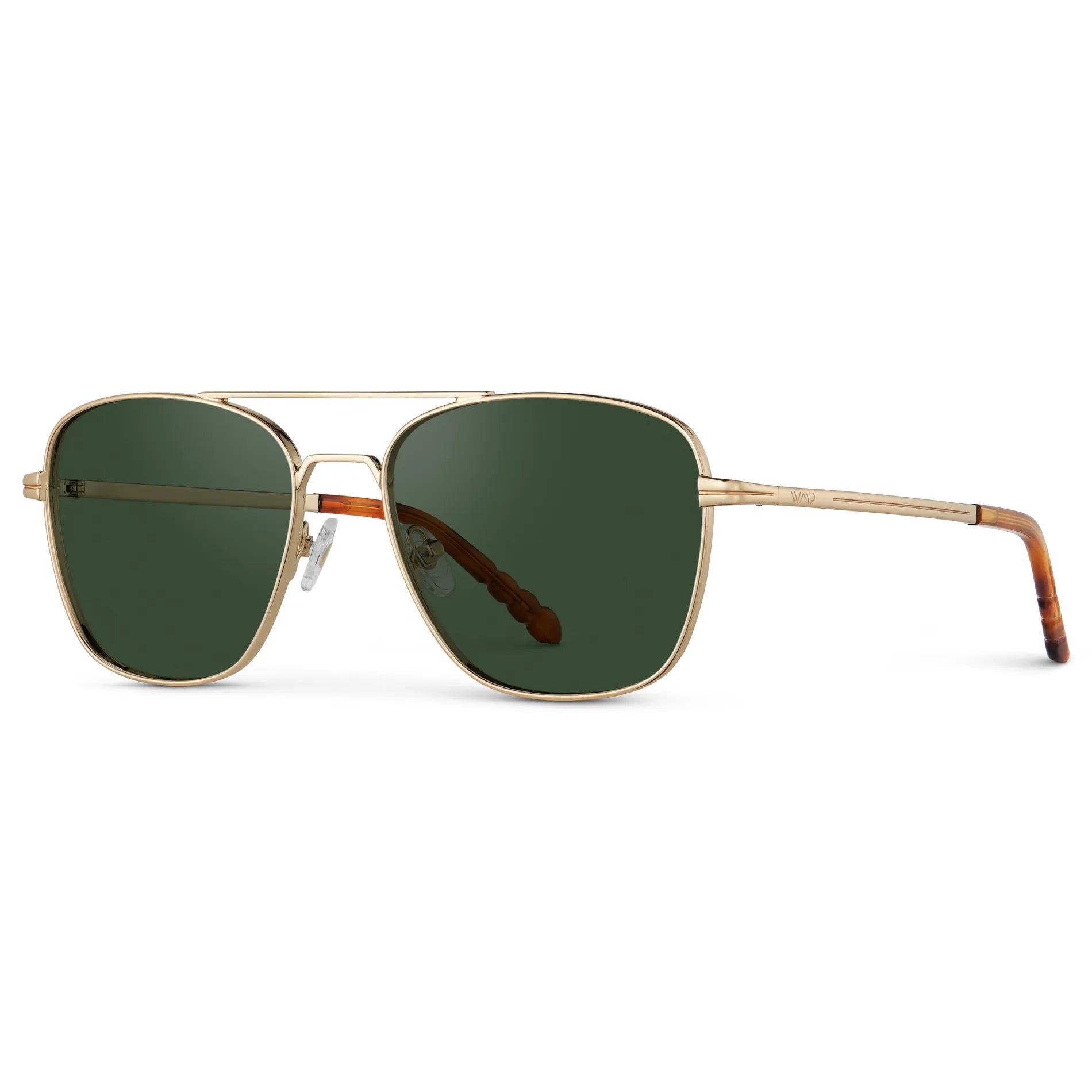 Gold / Smoke Green Lens || Side view of Men's Stainless Steel Sunglasses with Gold Frame and Smoke Green Lens on a white background