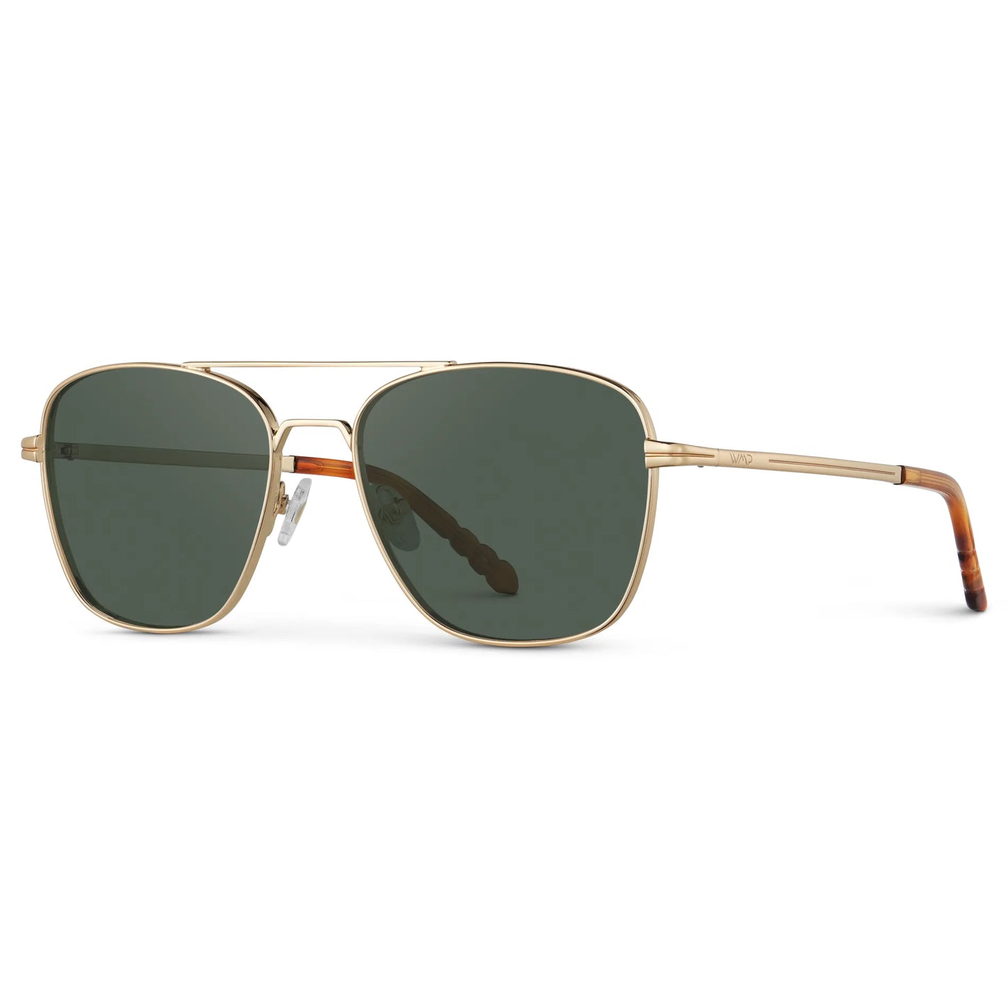 Gold / G15 || Side view of Men's Stainless Steel Double Bridge Prescription Sunglasses with Gold Frame and Green Lens on a white background