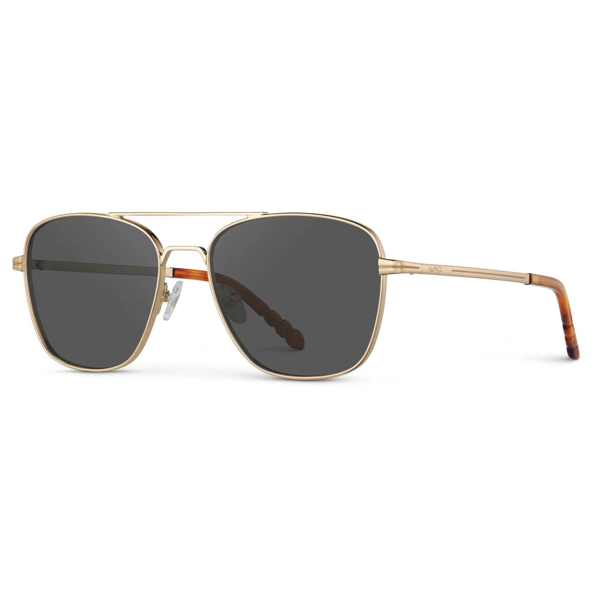 Gold / Grey || Side view of Men's Stainless Steel Double Bridge Prescription Sunglasses with Gold Frame and Grey Lens on a white background