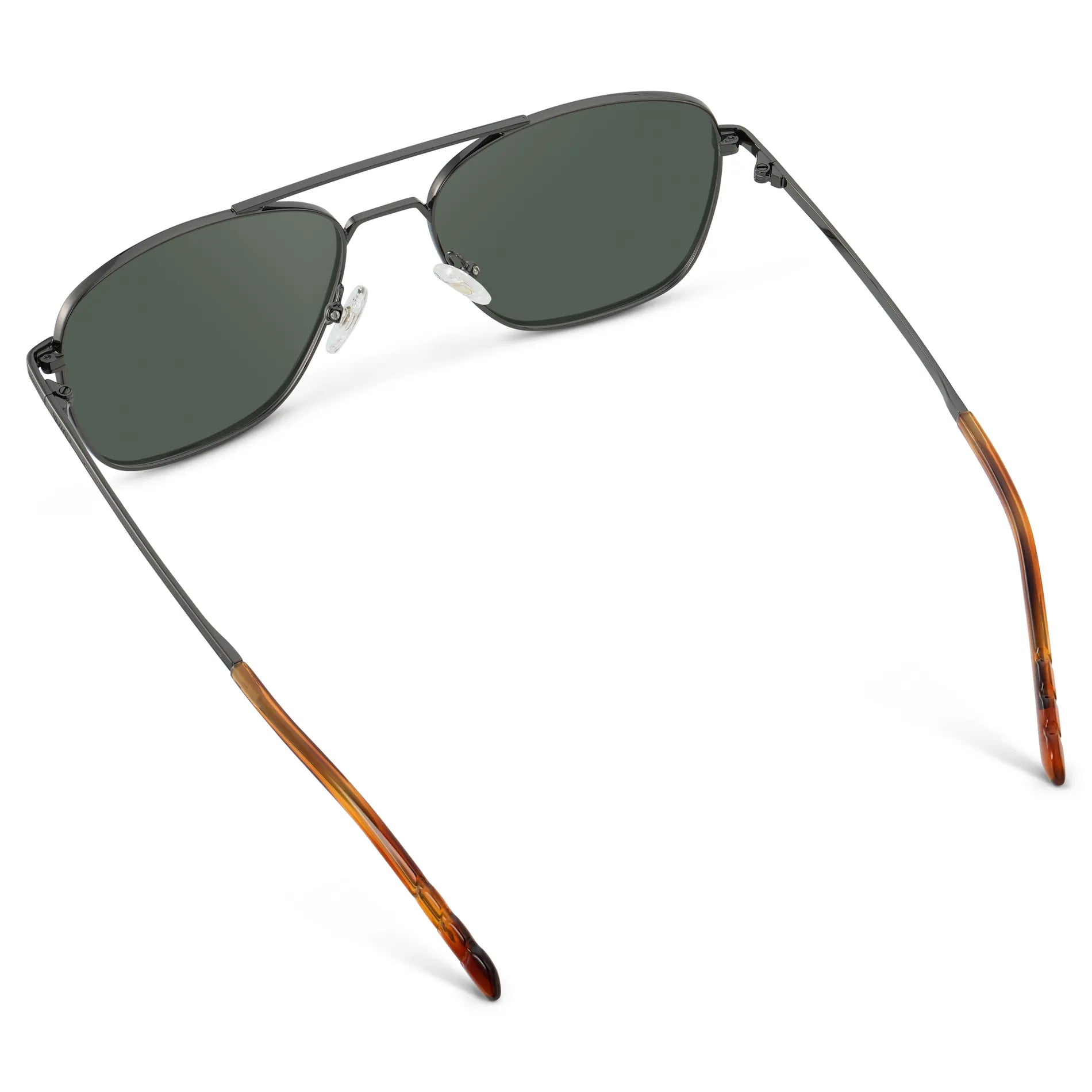 Gunmetal / G15 || Back view of Men's Stainless Steel Double Bridge Prescription Sunglasses with Gunmetal Frame and Green Lens on a white background