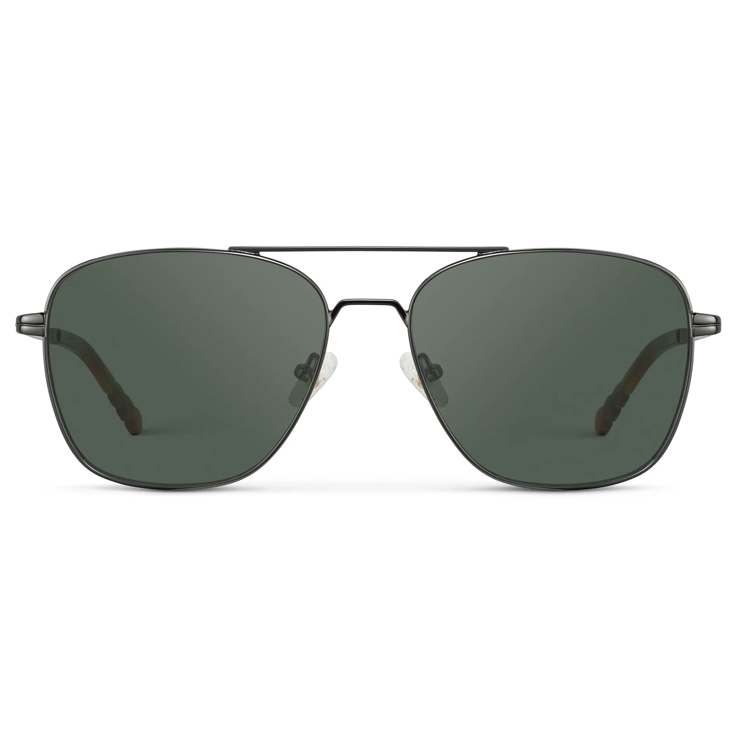 Gunmetal / G15 || Men's Stainless Steel Double Bridge Prescription Sunglasses with Gunmetal Frame and Green Lens on a white background