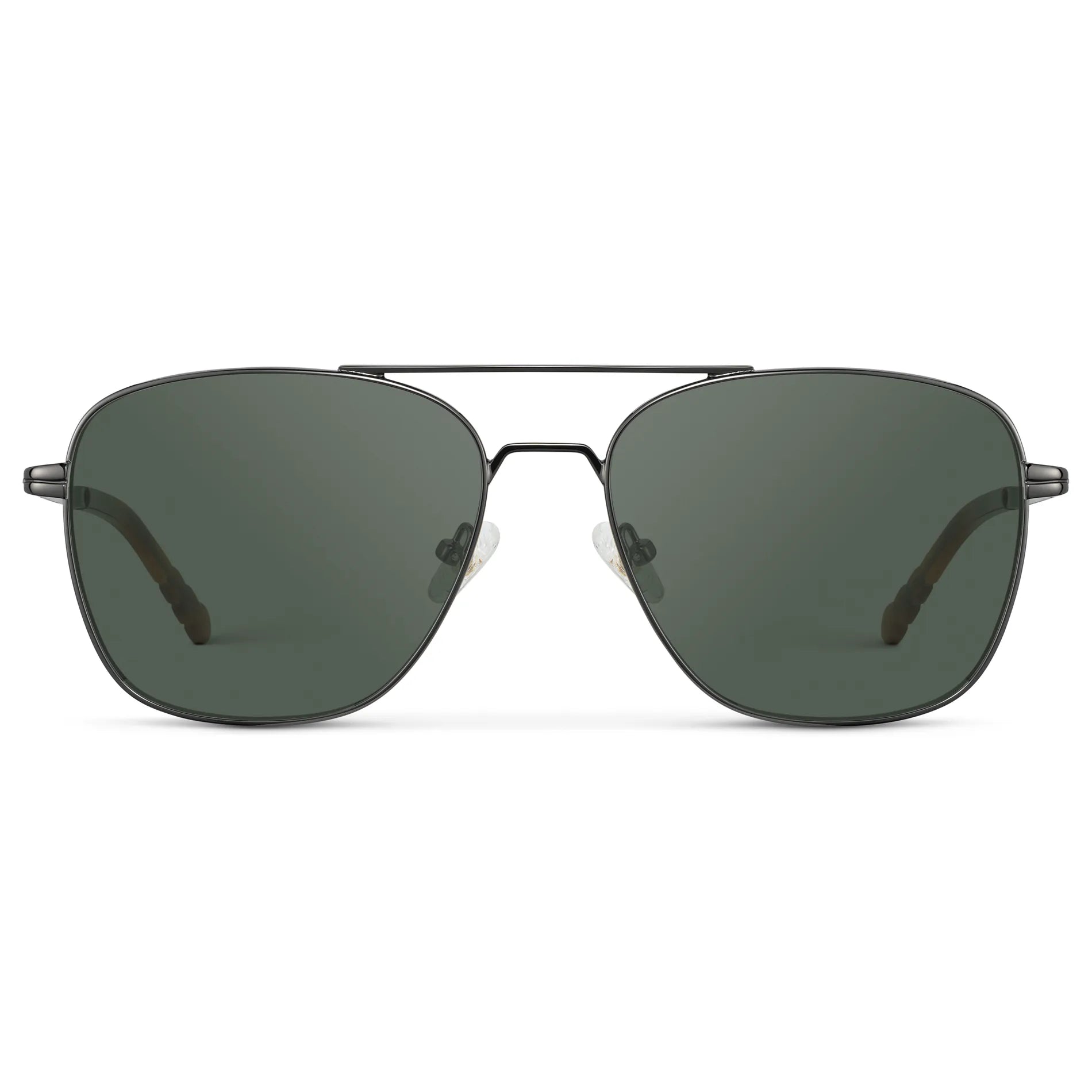 Gunmetal / G15 || Men's Stainless Steel Double Bridge Prescription Sunglasses with Gunmetal Frame and Green Lens on a white background