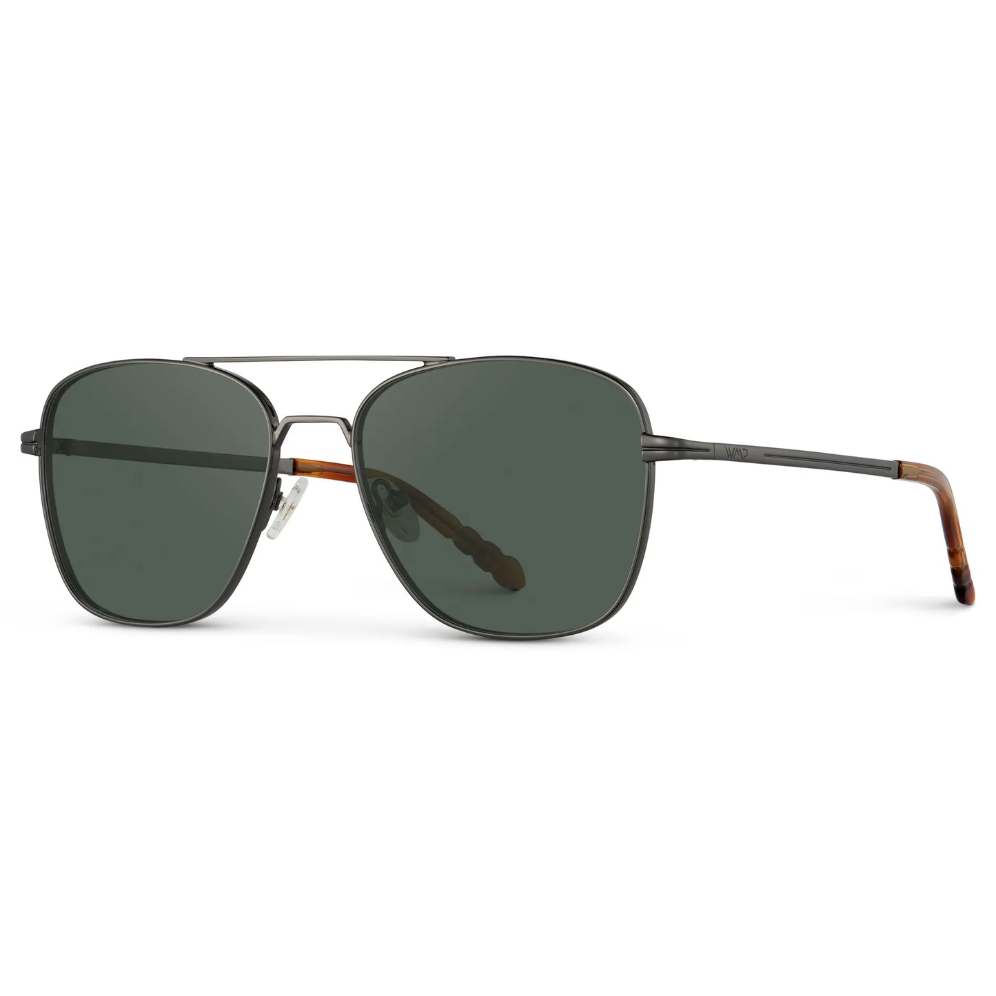 Gunmetal / G15 || Side view of Men's Stainless Steel Double Bridge Prescription Sunglasses with Gunmetal Frame and Green Lens on a white background