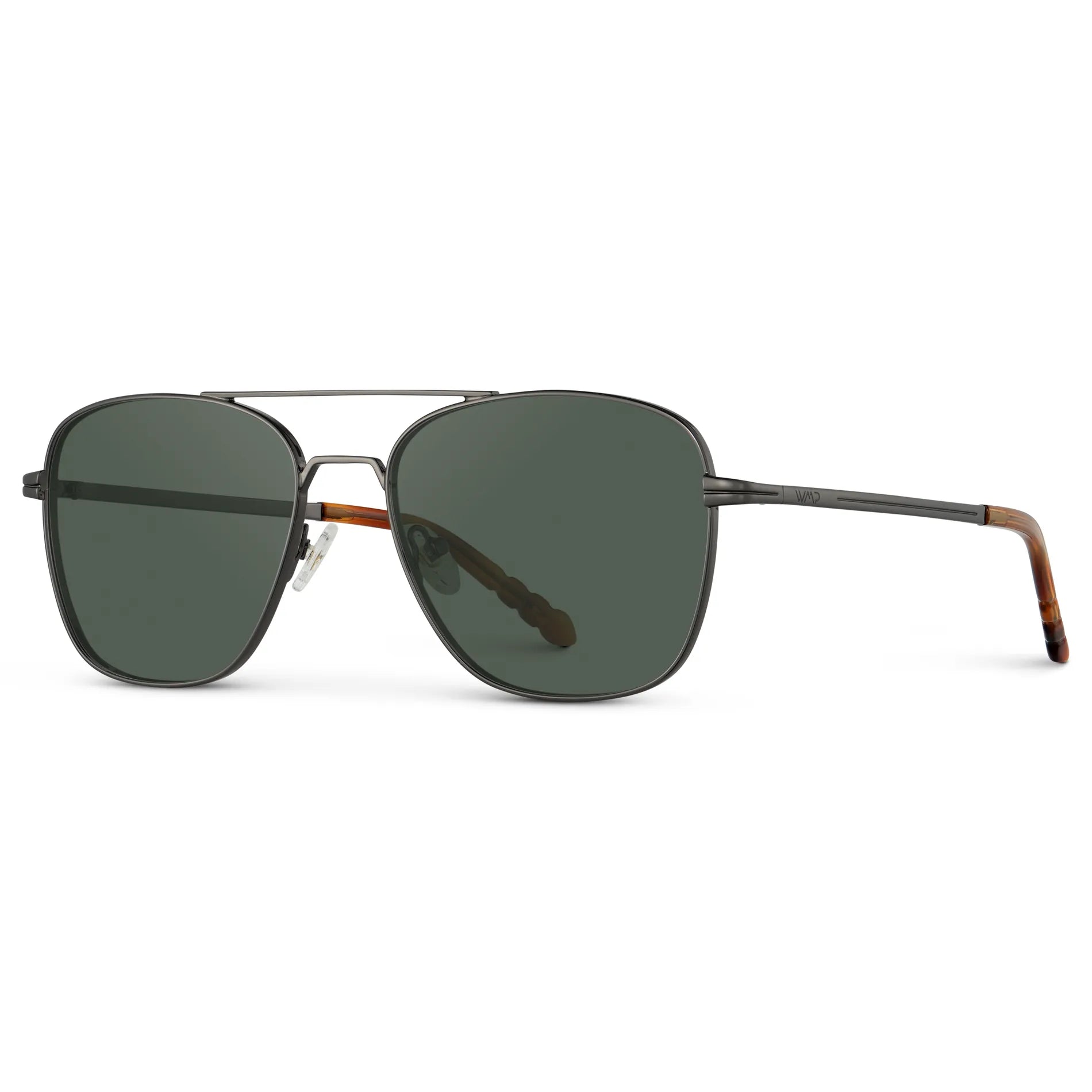 Gunmetal / G15 || Side view of Men's Stainless Steel Double Bridge Prescription Sunglasses with Gunmetal Frame and Green Lens on a white background