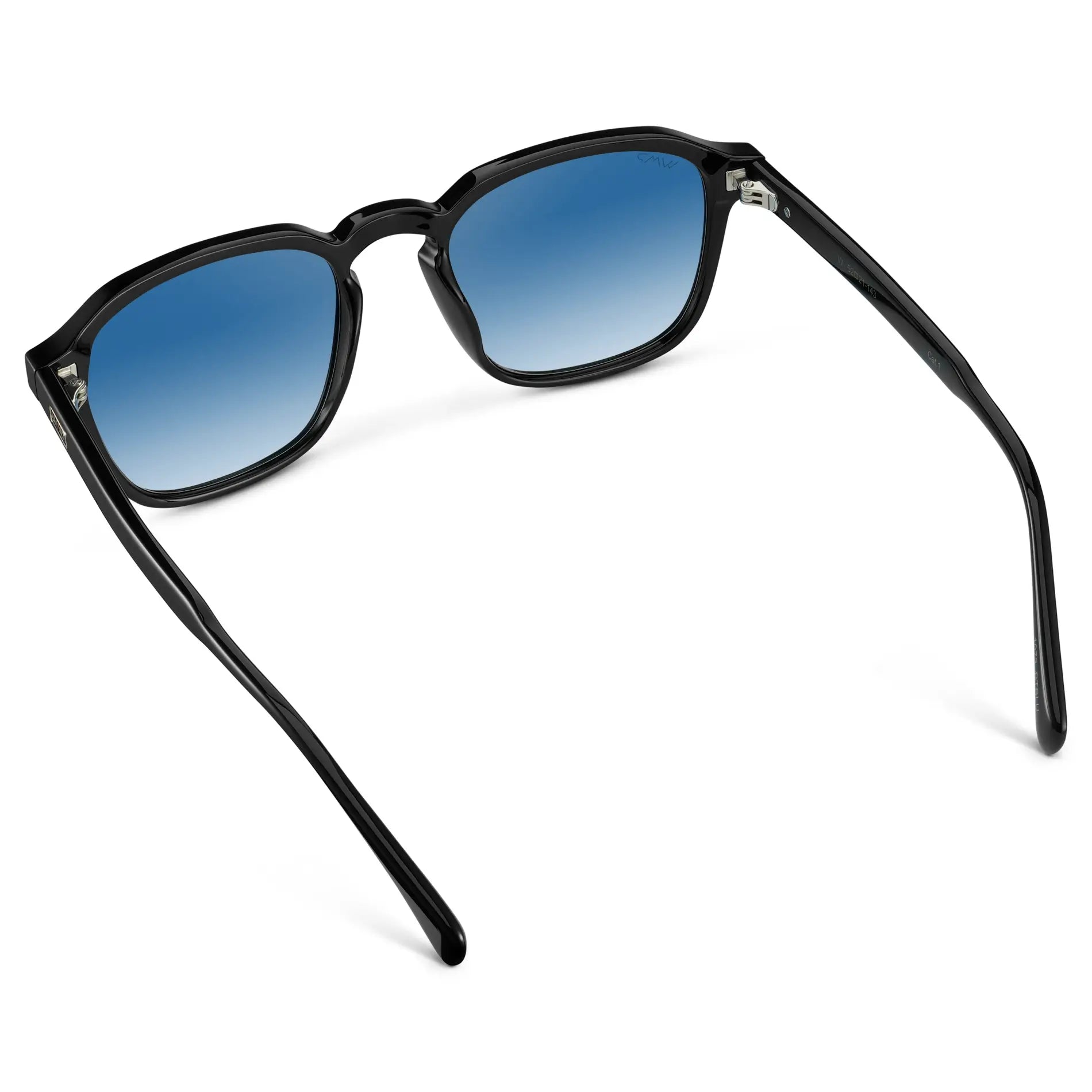 Black / Blue Gradient Tinted Lens || Back view of Men's Square Sunglasses with Black Frame and Blue Gradient Tinted Lens on a white background
