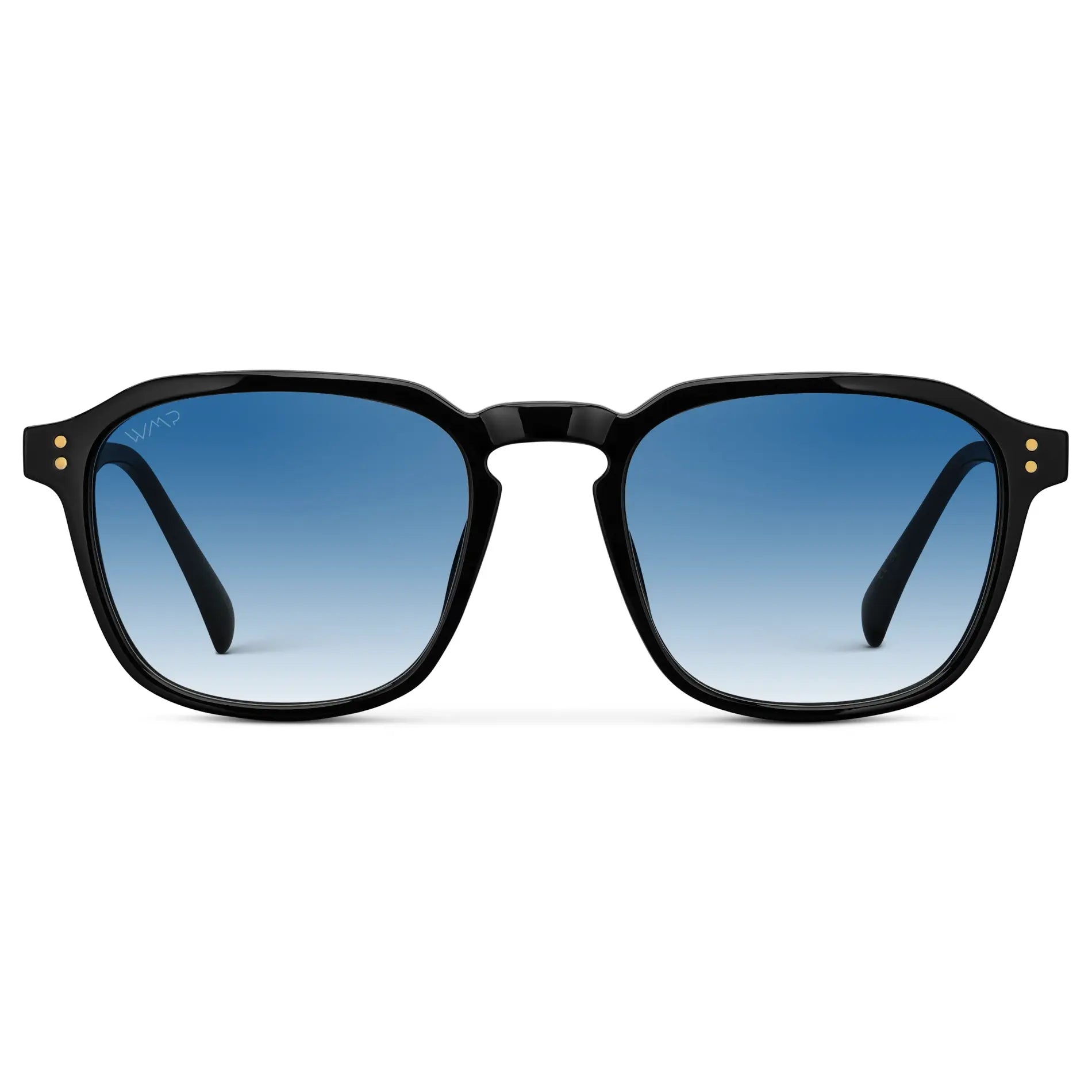 Black / Blue Gradient Tinted Lens || Front view of Men's Square Sunglasses with Black Frame and Blue Gradient Tinted Lens on a white background