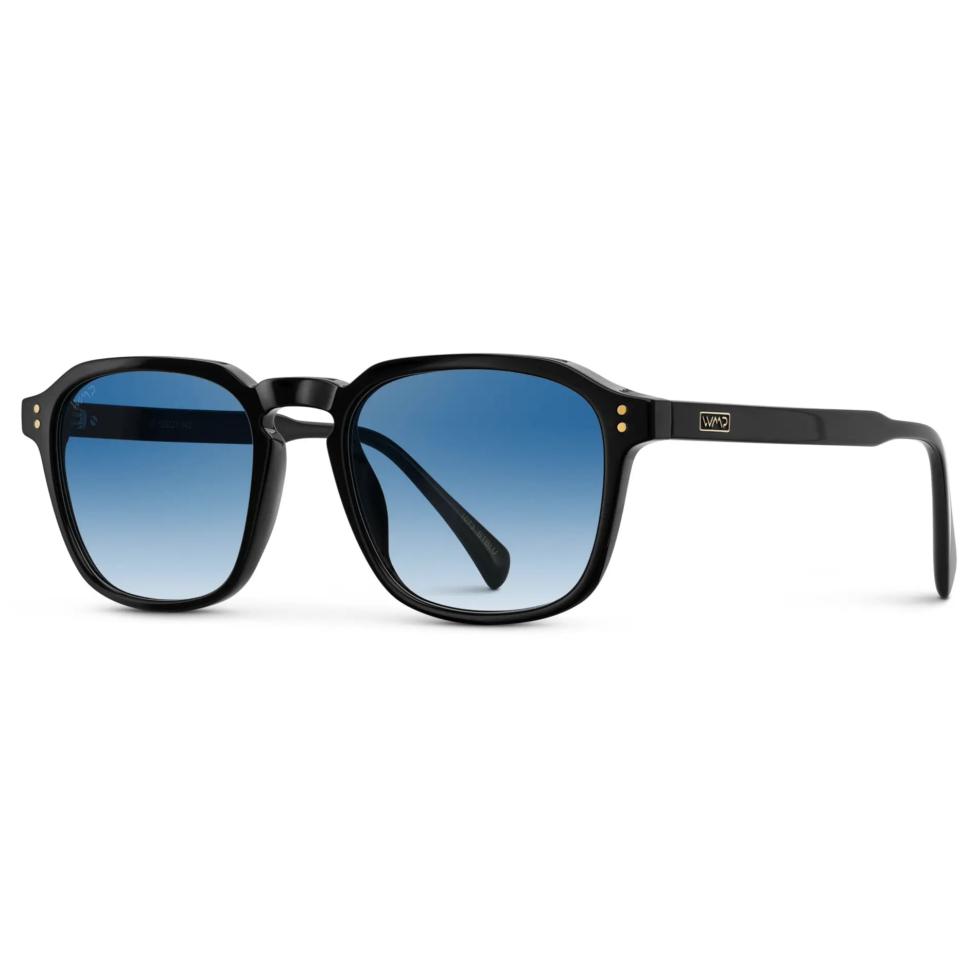 Black / Blue Gradient Tinted Lens || Side view of Men's Square Sunglasses with Black Frame and Blue Gradient Tinted Lens on a white background