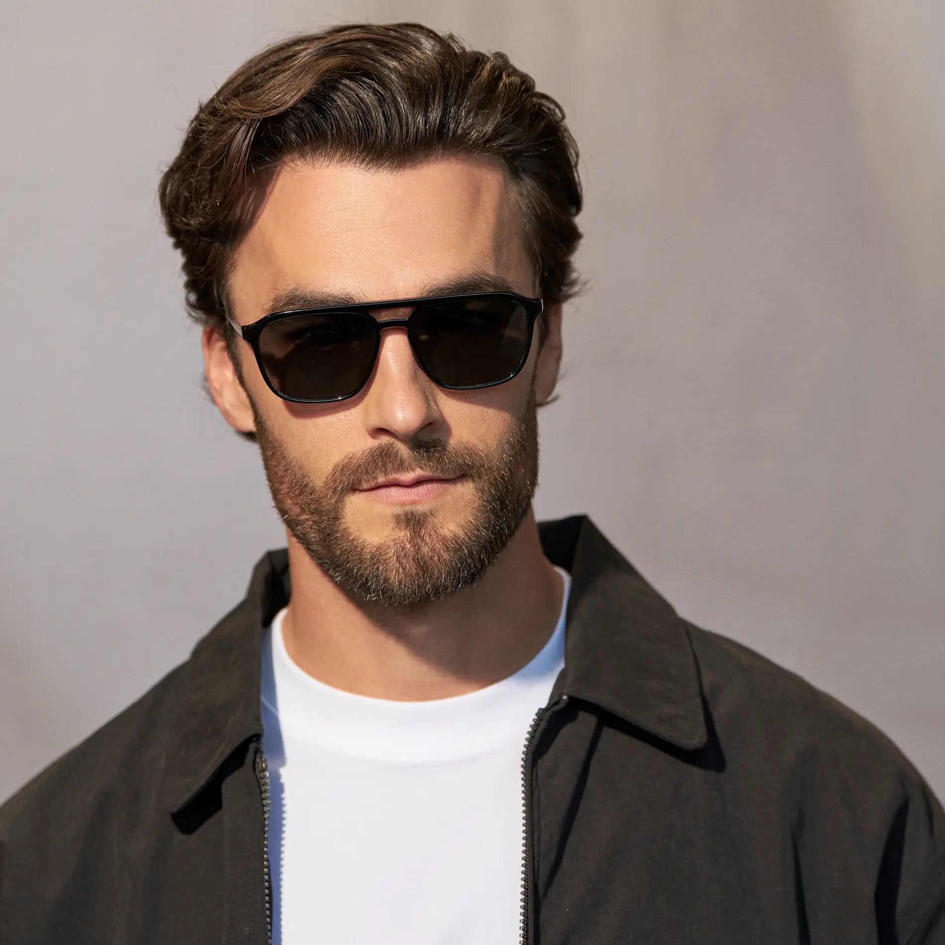 Black / Triple Black Lens || Model wearing Men's Double Bridge Aviator Sunglasses with Black Frame and Triple Black Lens 