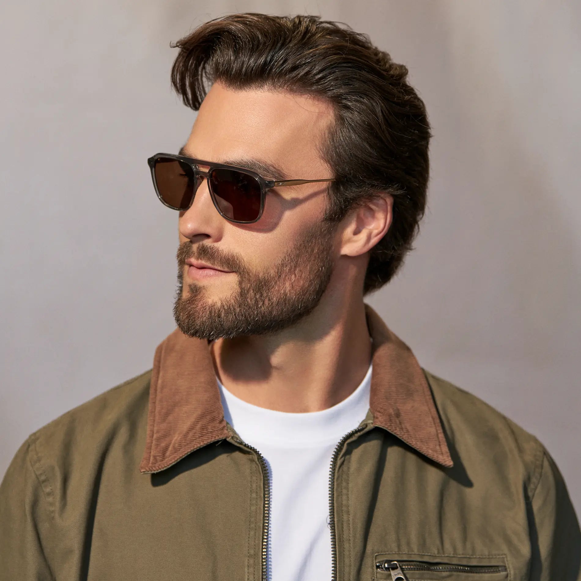 Smoke Grey / Dark Brown Lens || Model wearing Men's Double Bridge Aviator Sunglasses with Smoke Grey Frame and Dark Brown Lens 