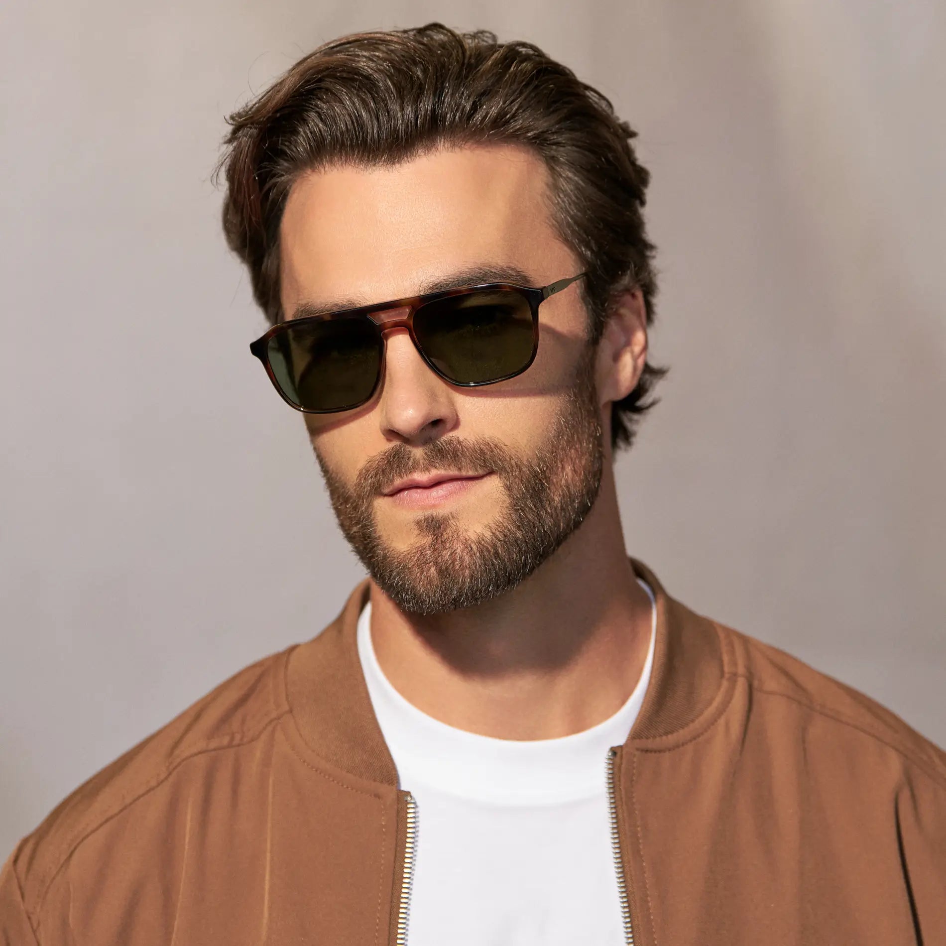 Brown Tortoise / Smoke Green Lens || Model wearing Men's Double Bridge Aviator Sunglasses with Brown Tortoise Frame and Smoke Green Lens