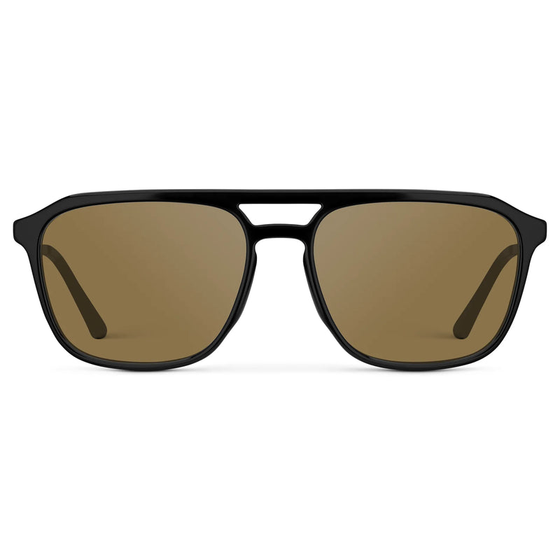 Black / Amber || Men's Double Bridge Aviator Prescription Sunglasses with Black Frame and Brown Lens on a white background