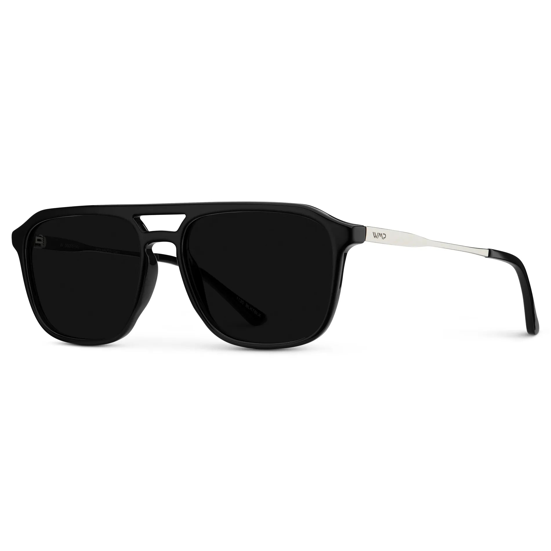 Black / Triple Black Lens || Side view of Men's Double Bridge Aviator Sunglasses with Black Frame and Triple Black Lens on a white background