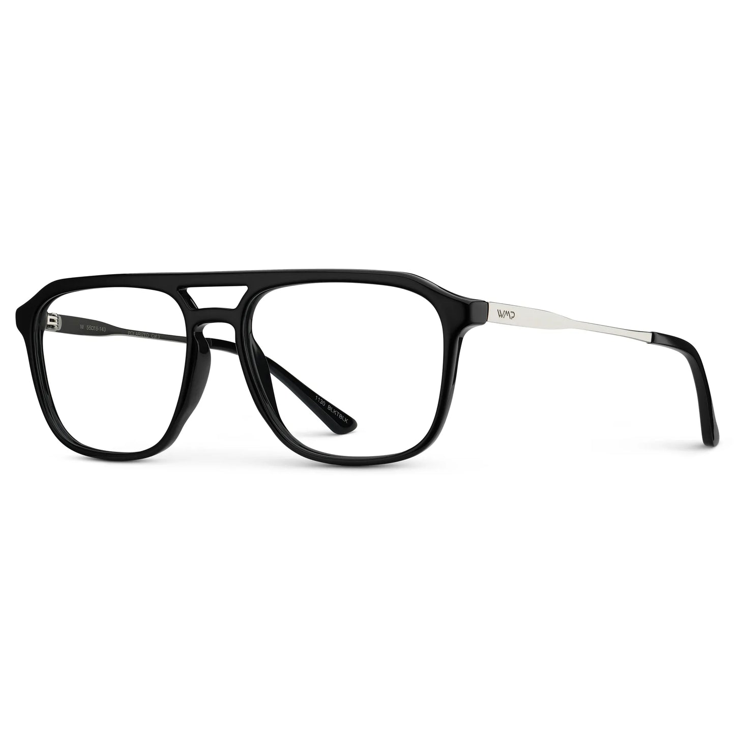 Black || Side view of Men's Double Bridge Aviator Prescription Glasses with Black Frame and Clear Lens on a white background