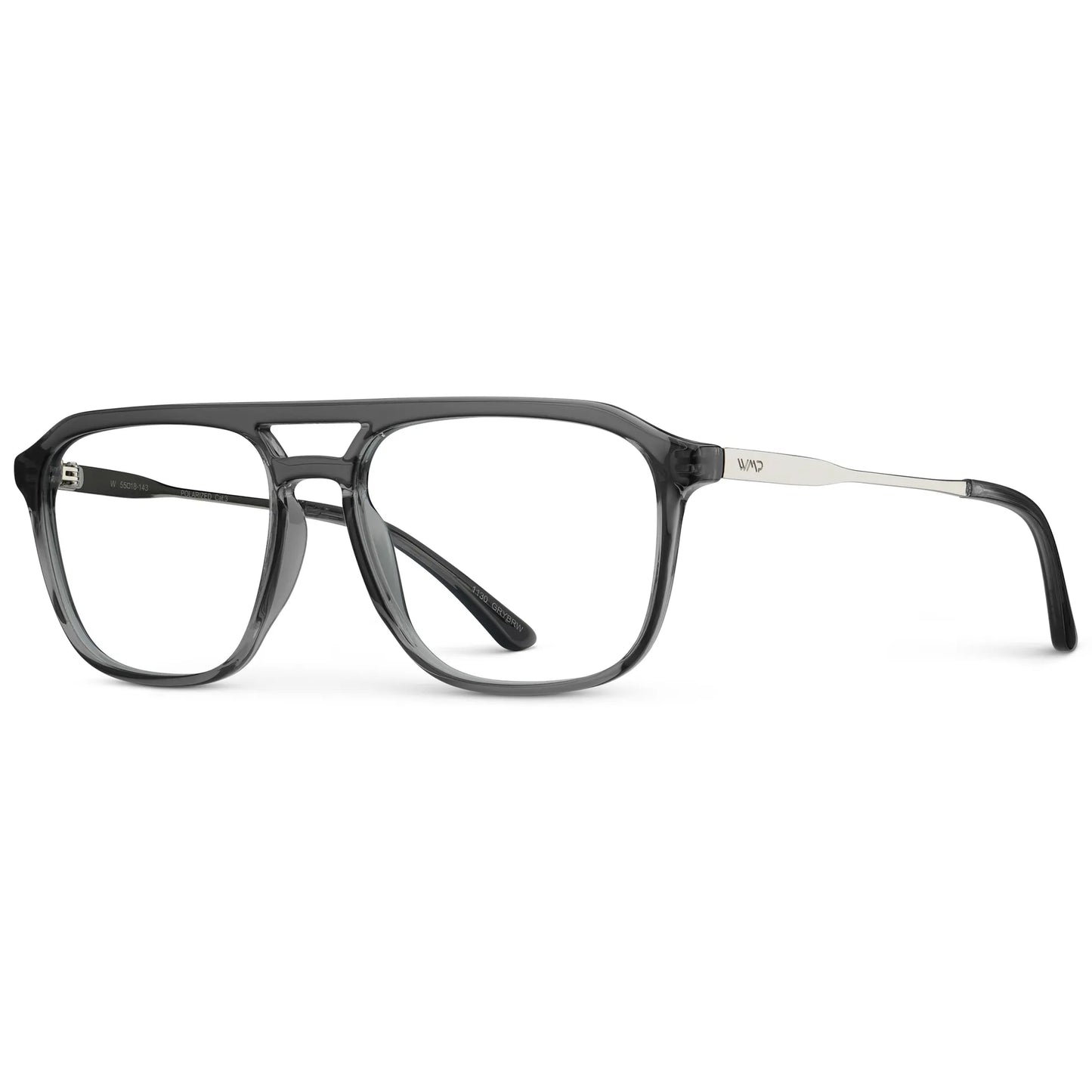 Smoke Grey || Side view of Men's Double Bridge Aviator Prescription Glasses with Smoke Grey Frame and Clear Lens on a white background