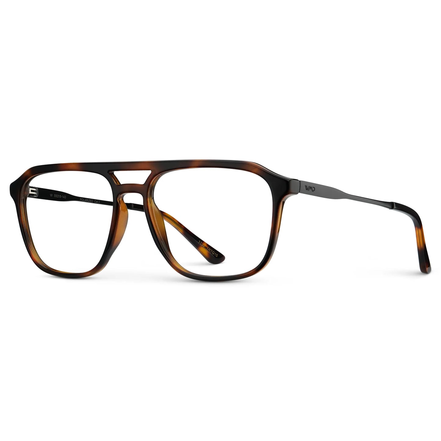 Brown Tortoise || Side view of Men's Double Bridge Aviator Prescription Glasses with Brown Tortoise Frame and Clear Lens on a white background